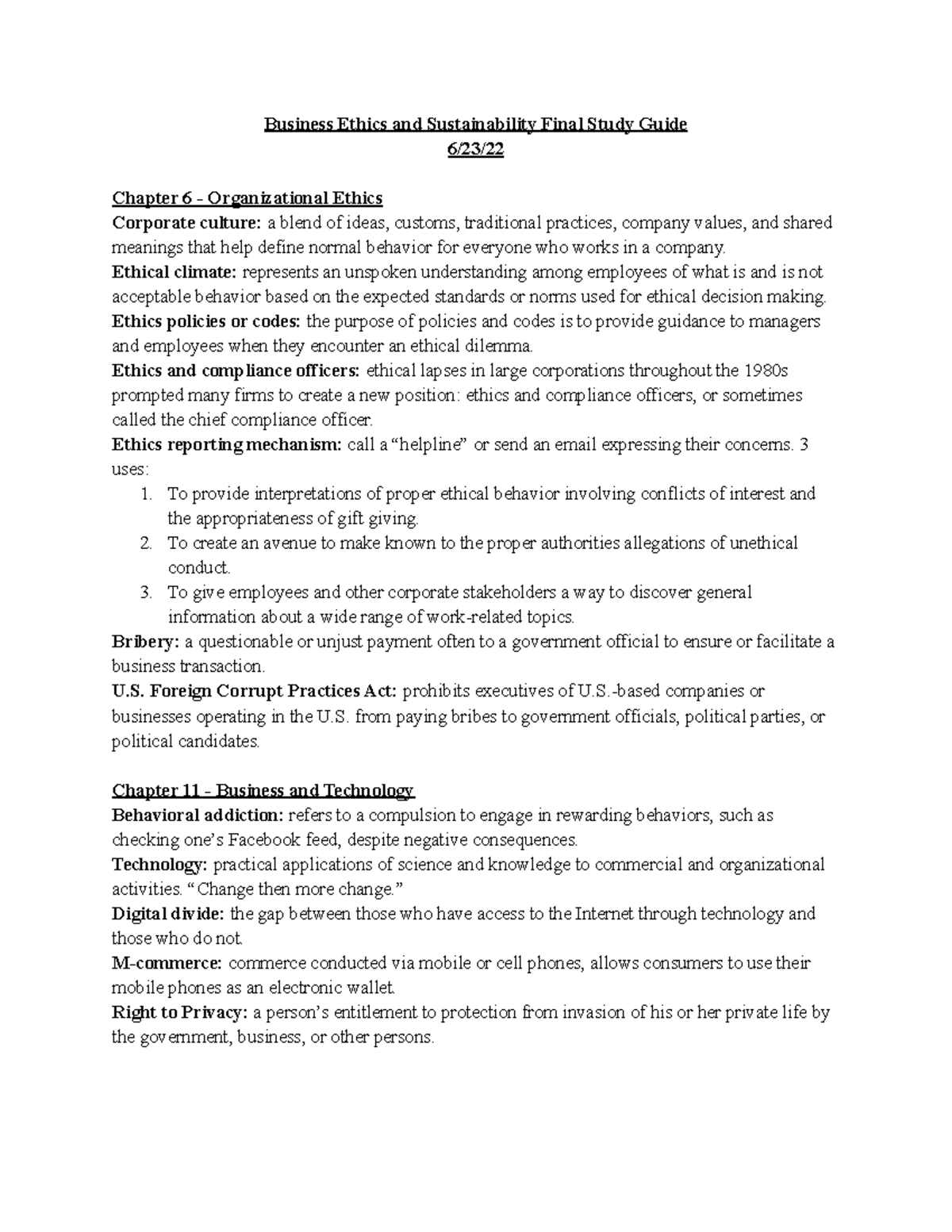 Business Ethics and Sustainability Final Study Guide - Business Ethics ...