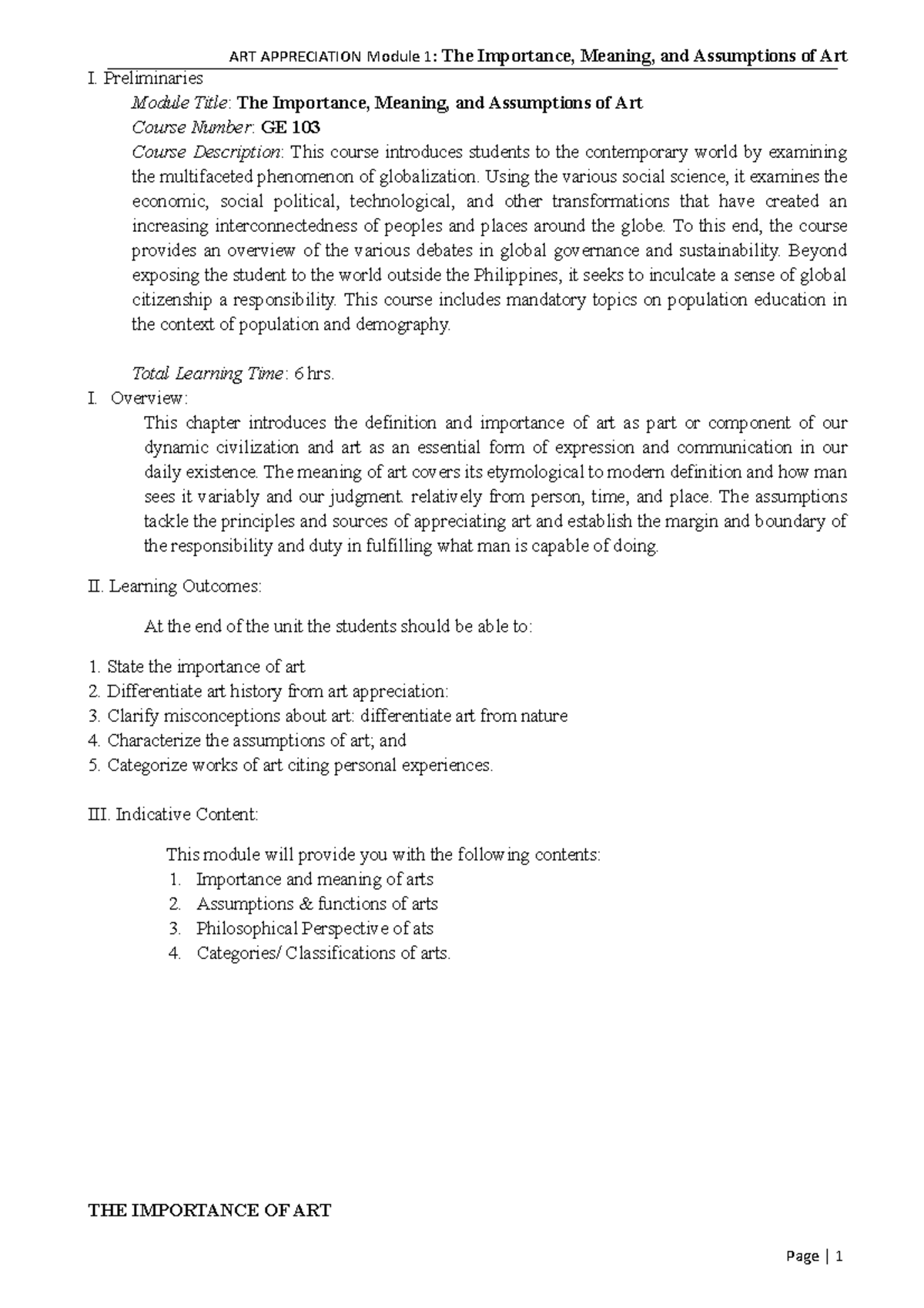 Module-1-ART - None - I. Preliminaries Module Title: The Importance ...