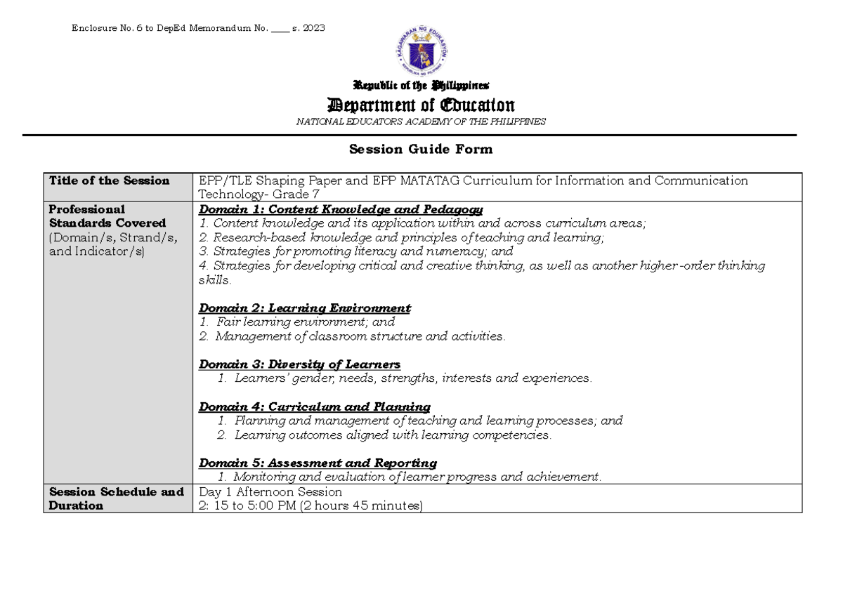 Final SG TLE7 Session No - Republic of the Philippines Department of ...