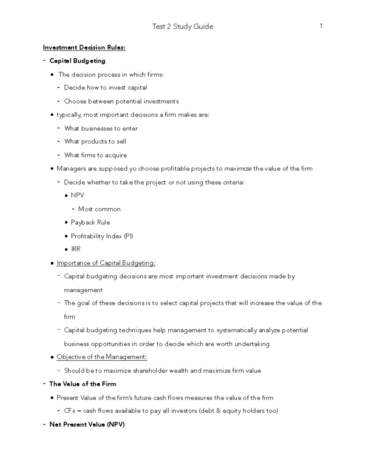 Test 2 study guide - Investment Decision Rules: - Capital Budgeting ...