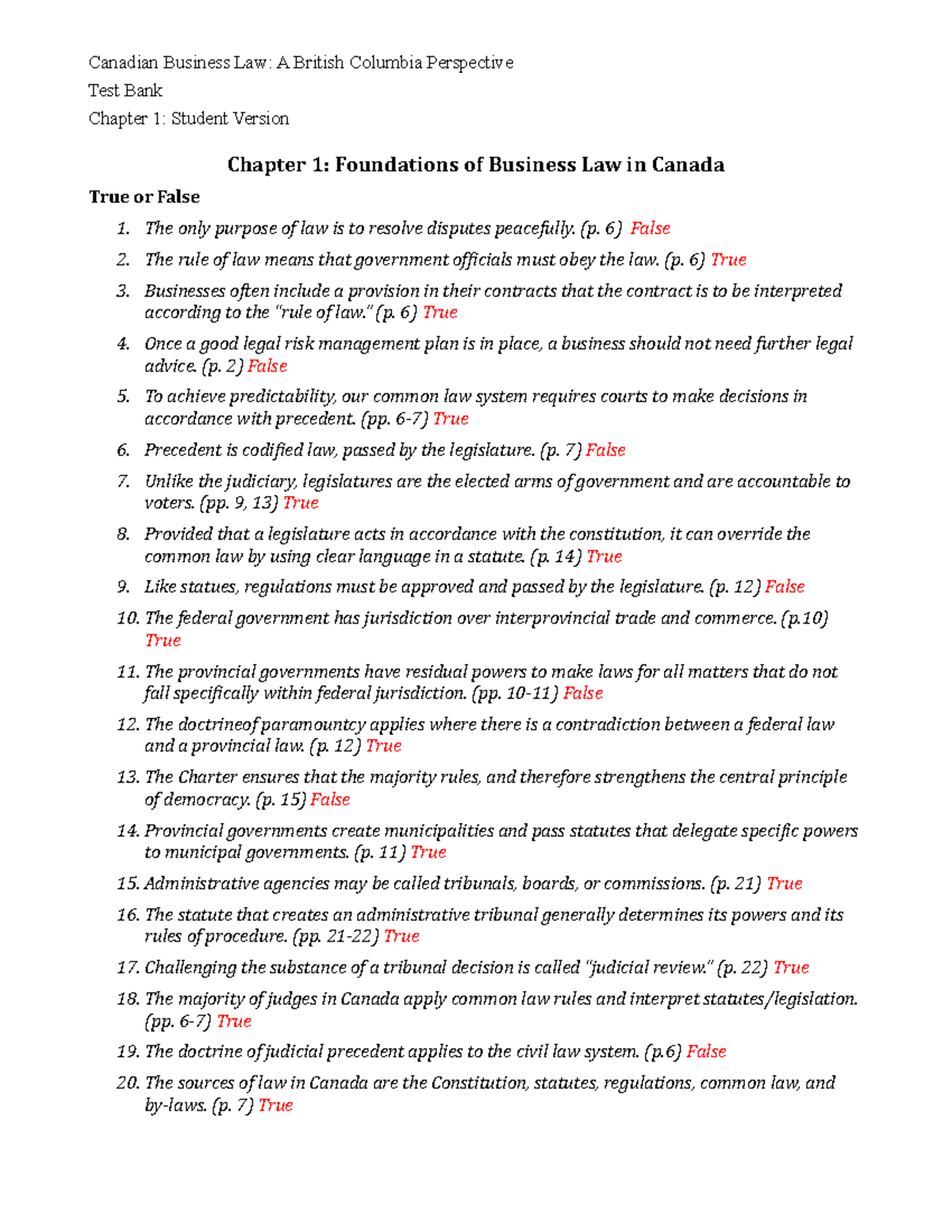 Cblbc TB 01 s law ch 1 test Canadian Business Law A British