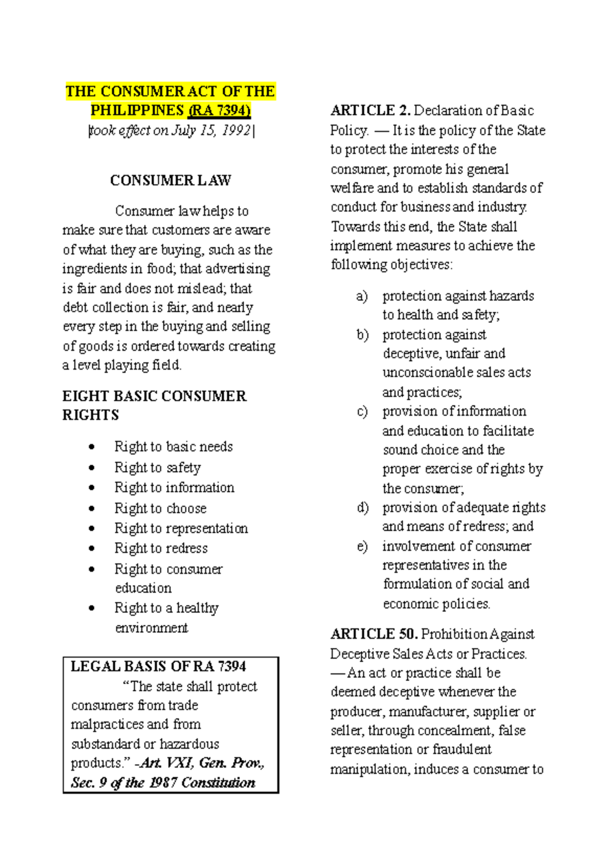 GOV - consumer act - THE CONSUMER ACT OF THE PHILIPPINES (RA 7394 ...