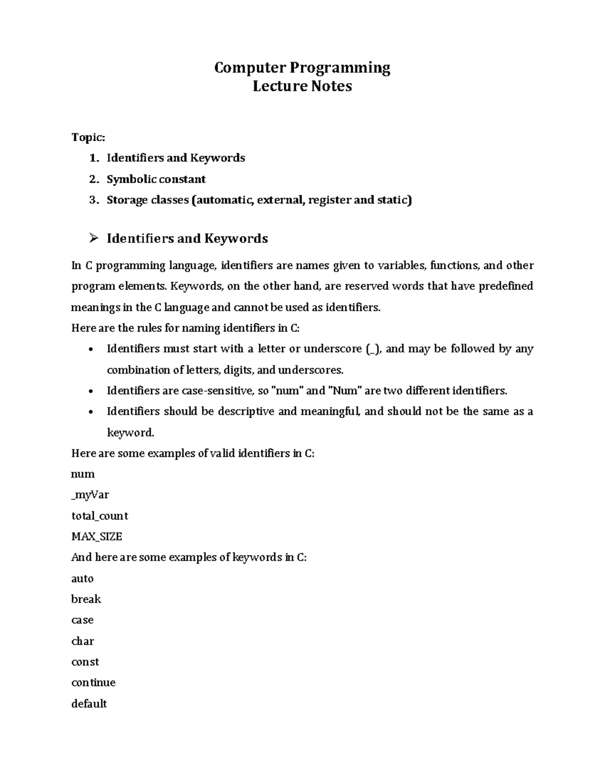 Computer Programming (identifiers And Keywords) - Computer Programming 