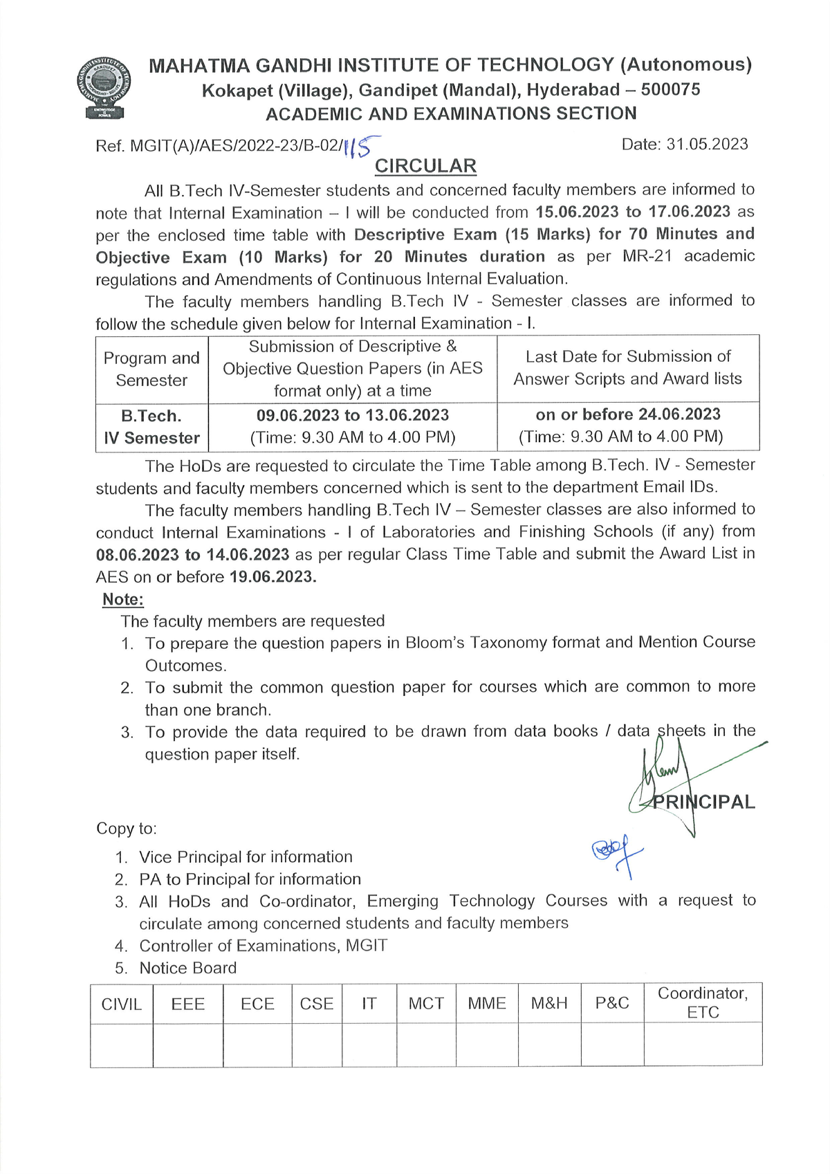 B.Tech IV Sem Mid Term Exam - I Circular And Time Table June - 2023 ...