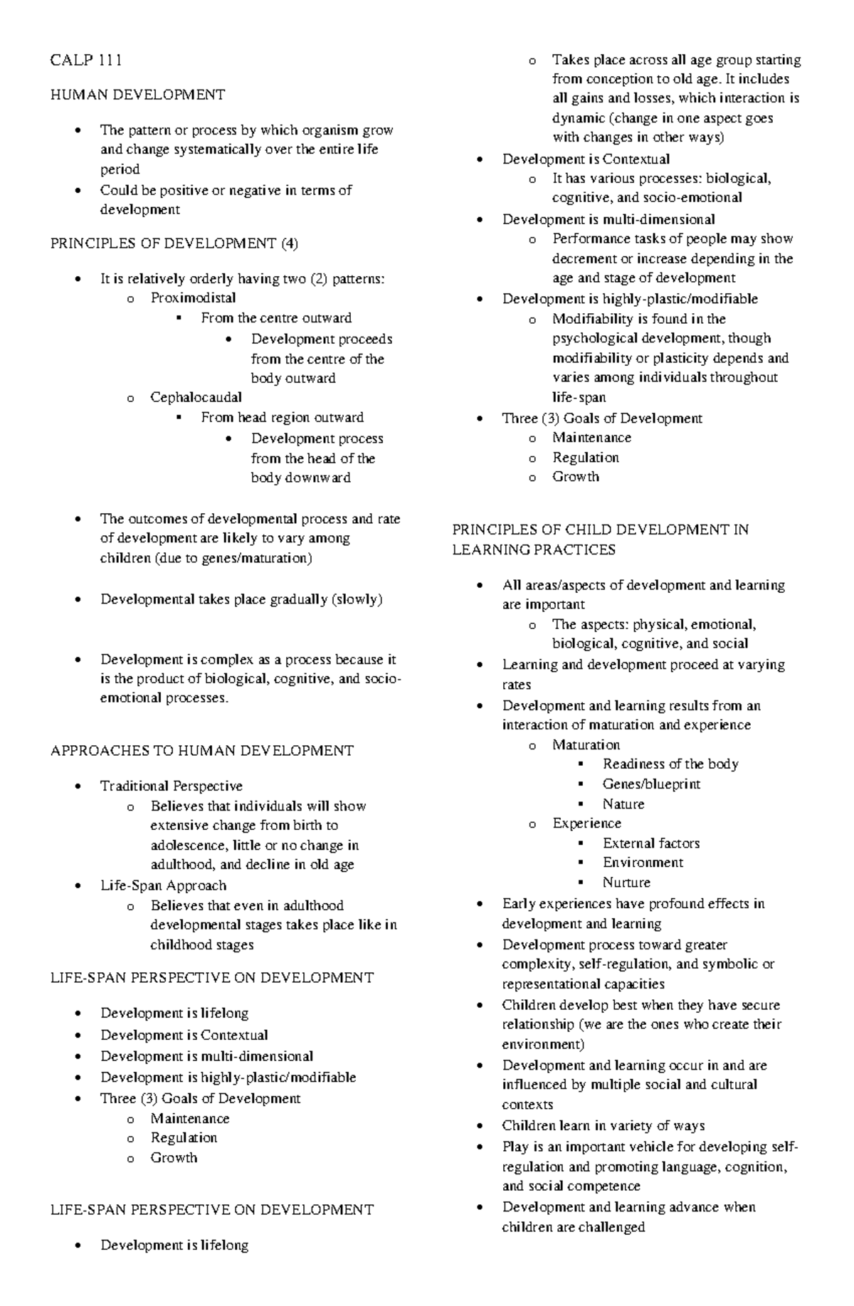 PART ONE Reviewer - CALP 111 HUMAN DEVELOPMENT The pattern or process ...
