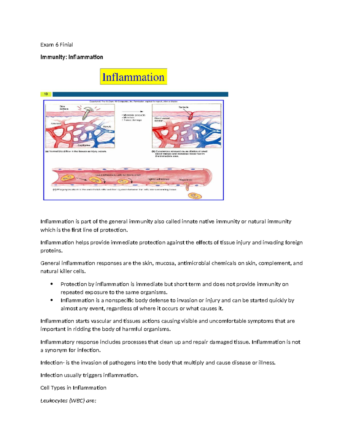 Finial Exam 6 - Notes for exam - Exam 6 Finial Immunity: Inflammation ...