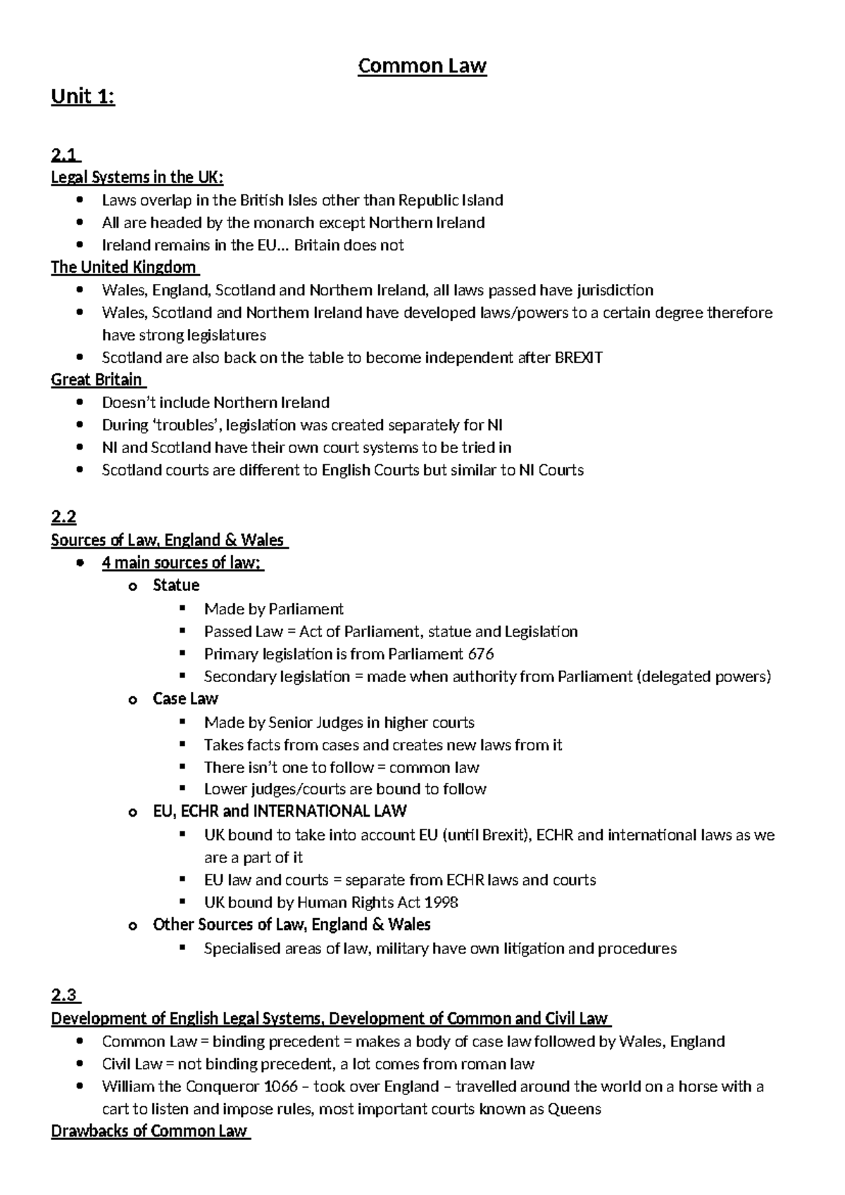 Common Law Notes - Common Law Unit 1: 2. Legal Systems in the UK: Laws ...