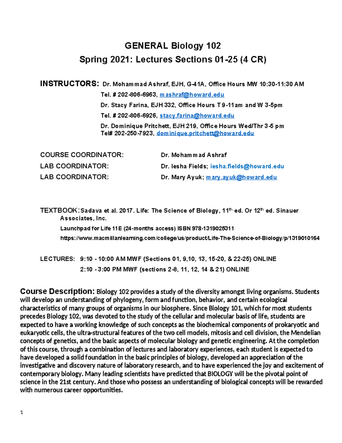 BIOL102 Spring 2021 Syllabus Rev - GENERAL Biology 102 Spring 2021 ...