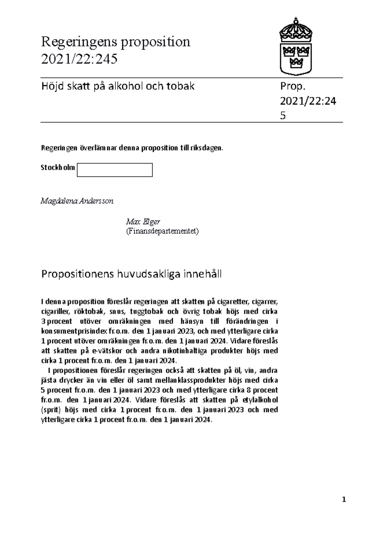 Prop 2021 22 245 tobaksskatt proposition 2021 22 455 Regeringens