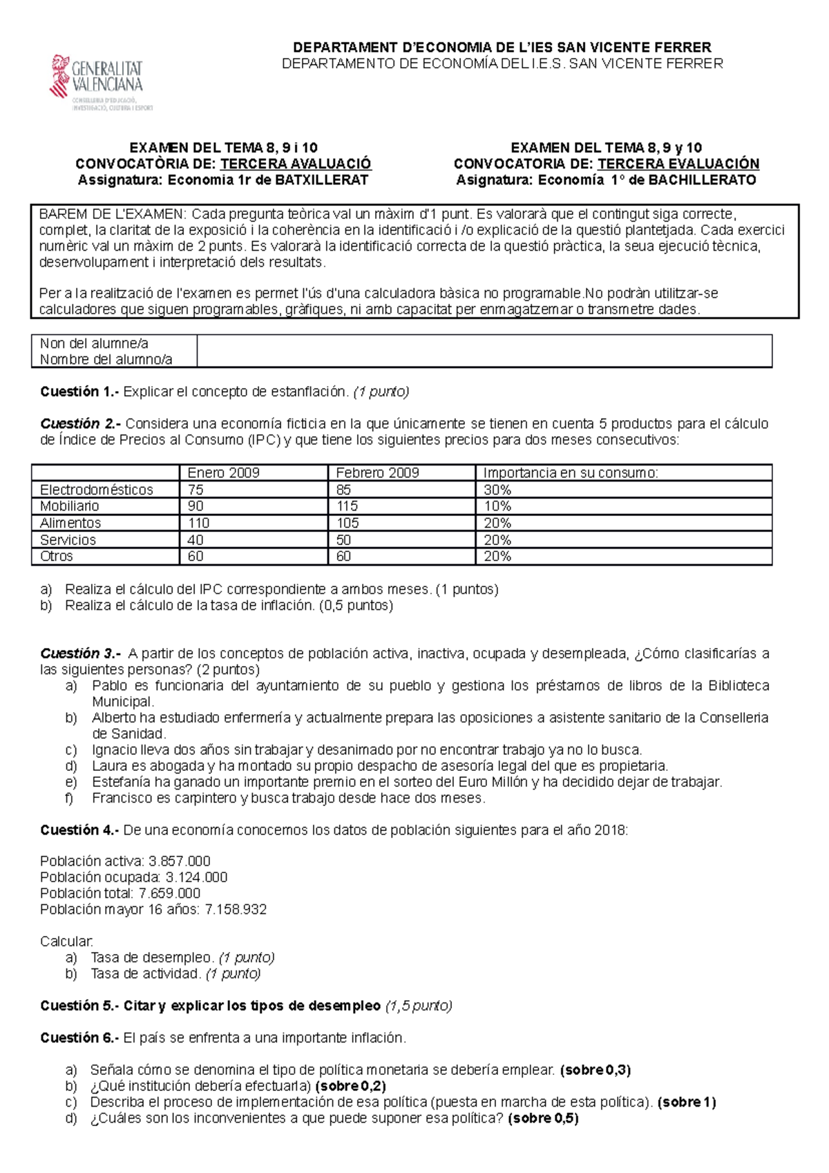 Ex Temas 8 Y 9 Y 10 Examen Primero De Bachiller Departament D’economia De L’ies San Vicente