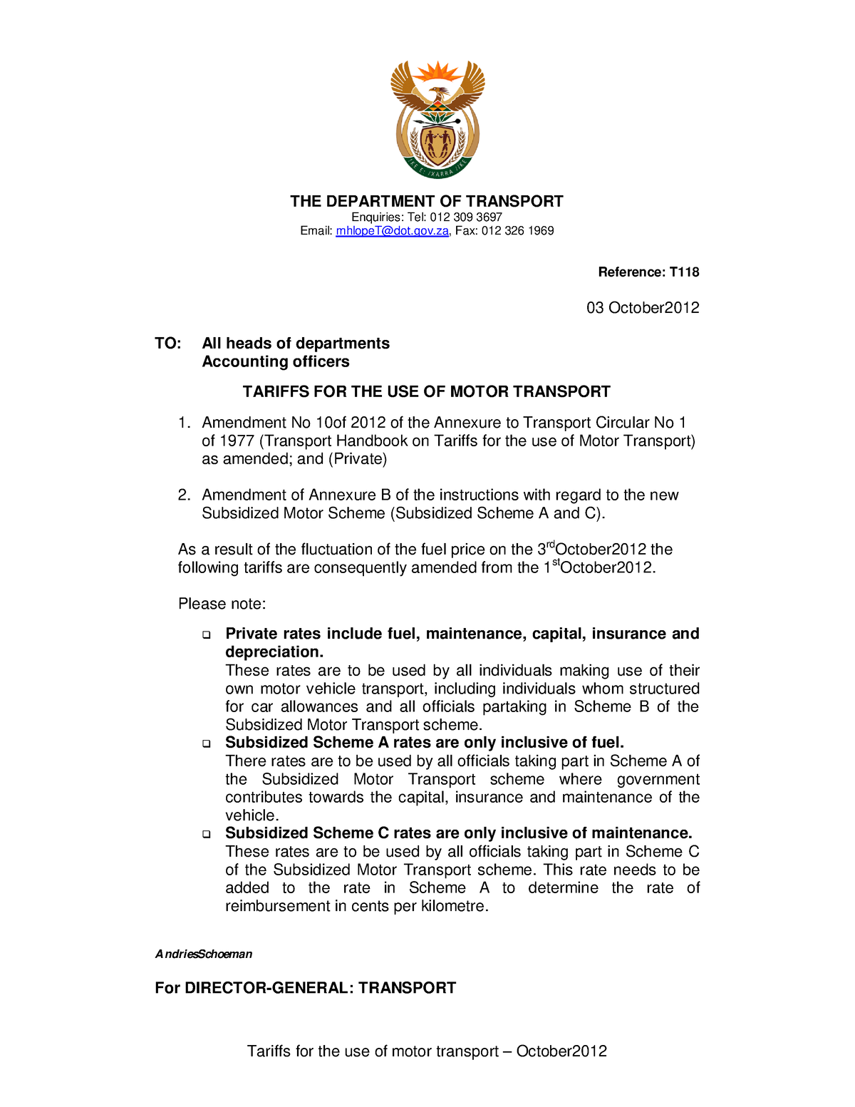 Tariffs used by Department of Transport - THE DEPARTMENT OF TRANSPORT ...