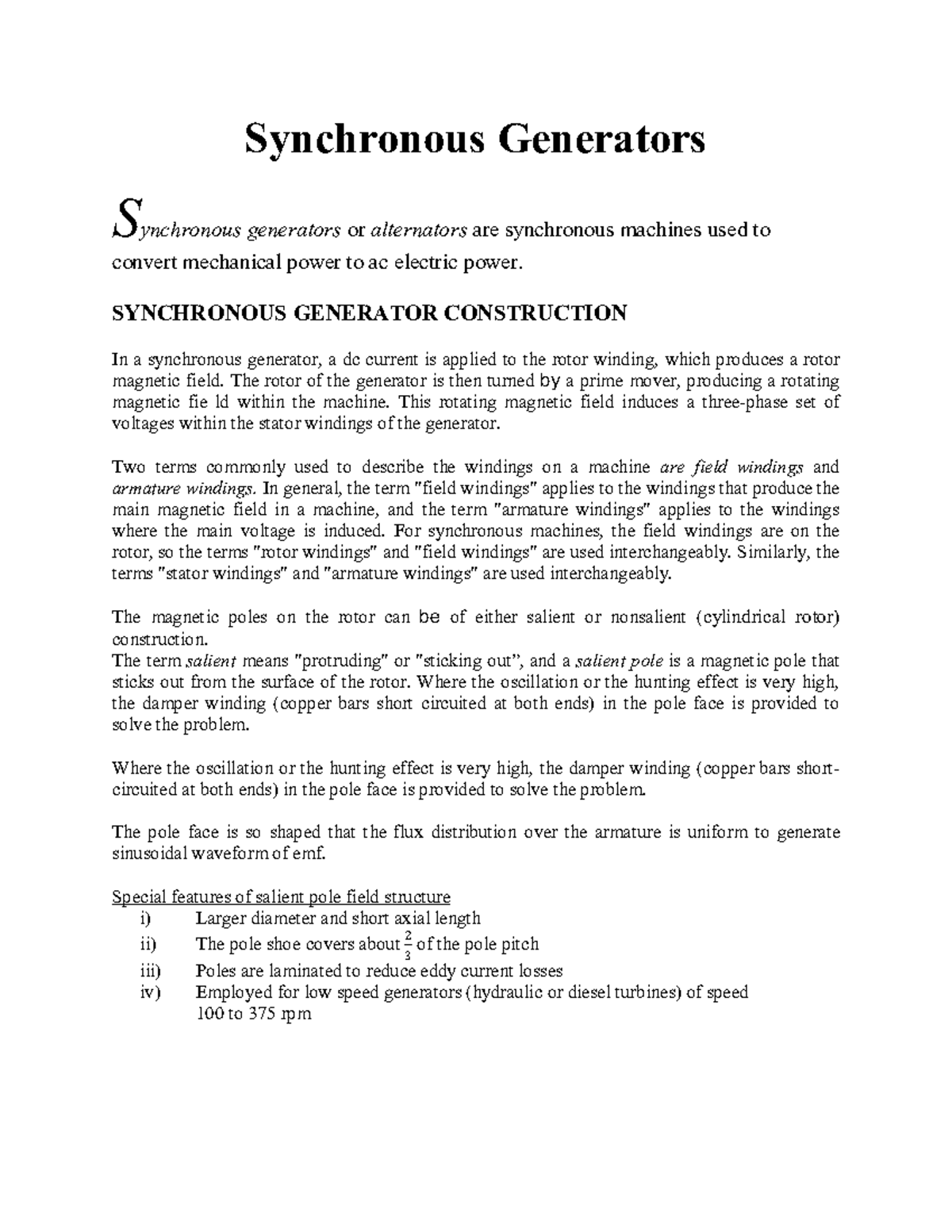 Synchronous Generators Synchronous Generators Synchronous Generators