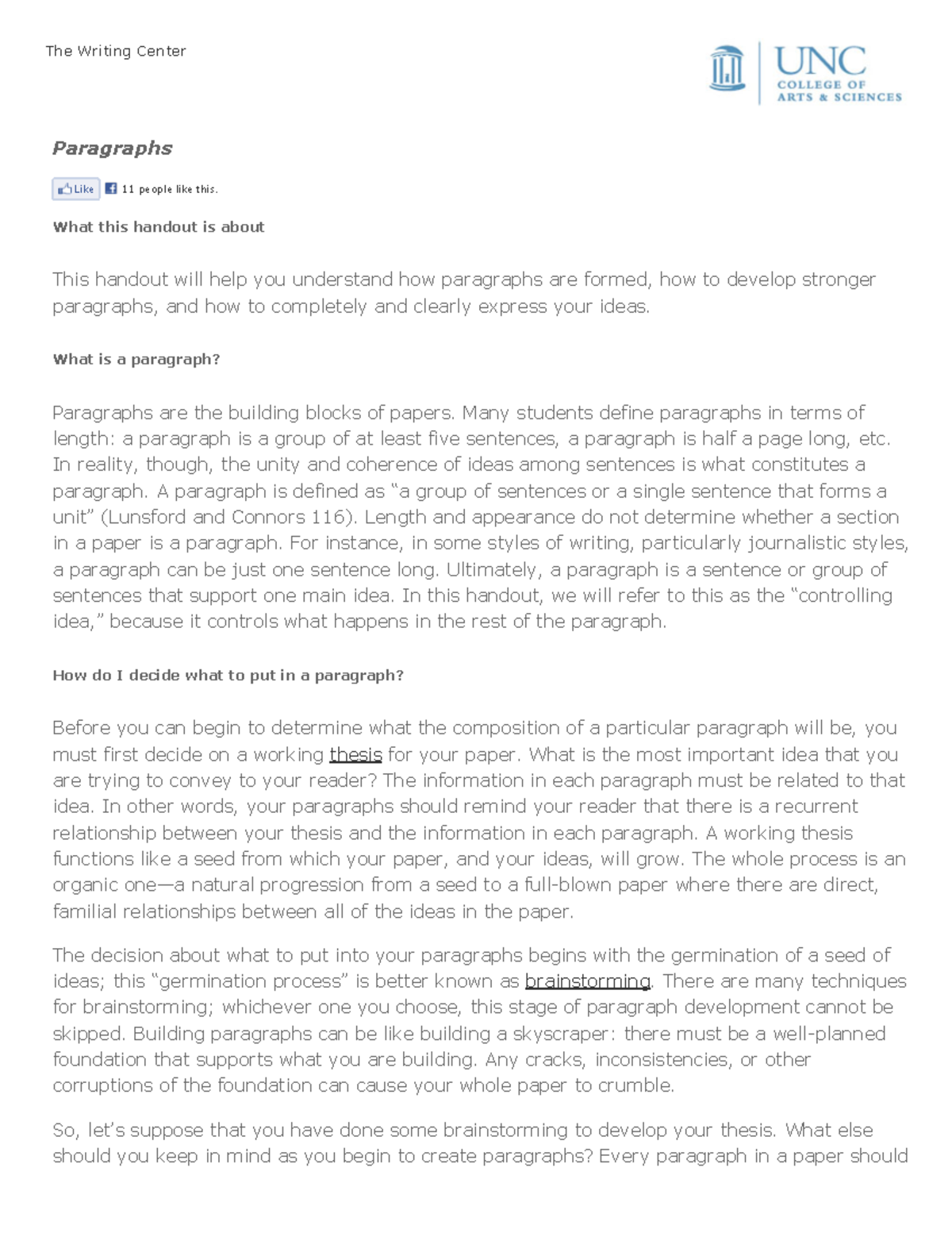 Paragraphs The Writing Center - The Writing Center Paragraphs What this ...