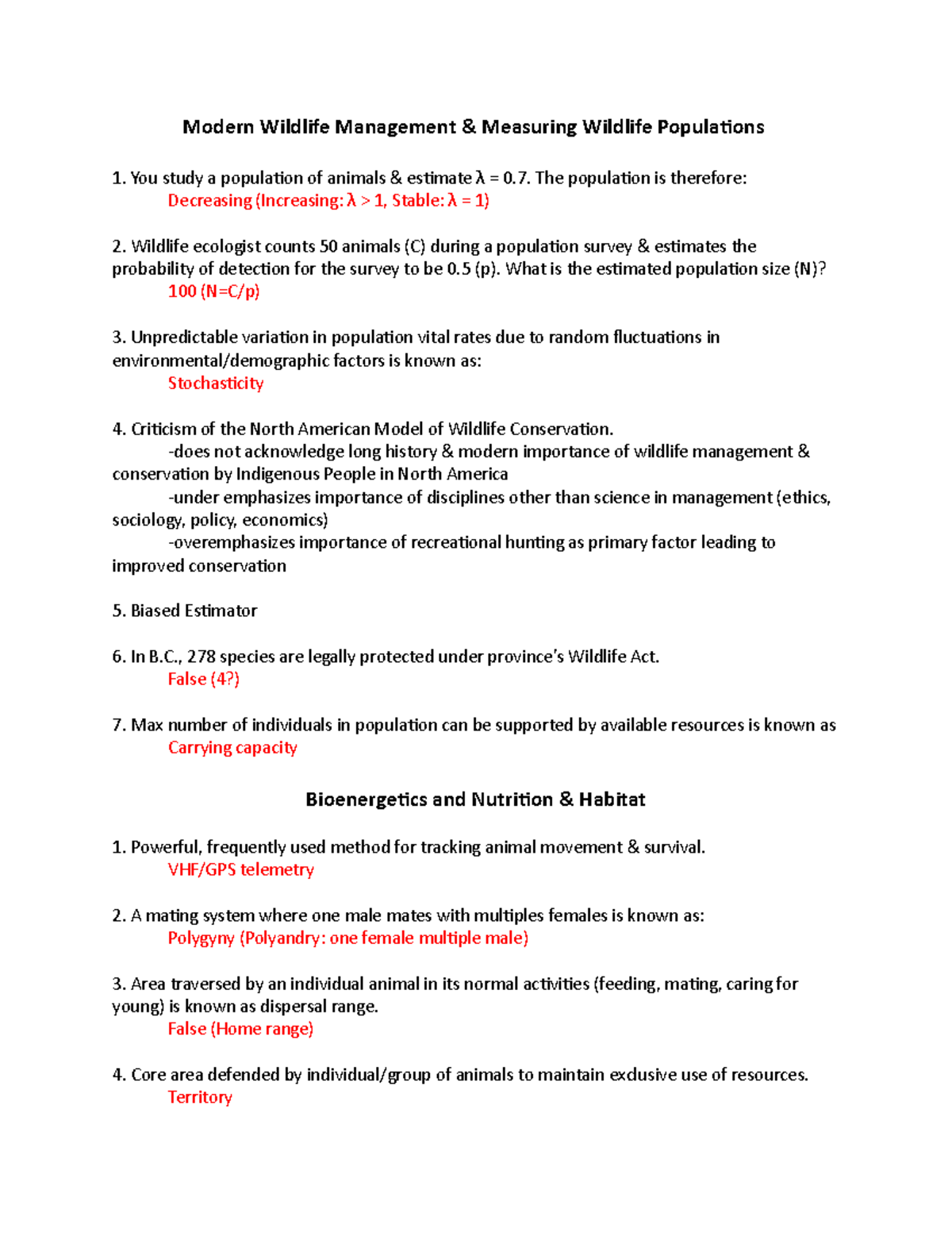FRST 395 Weekly Quizzes Modern Wildlife Management & Measuring