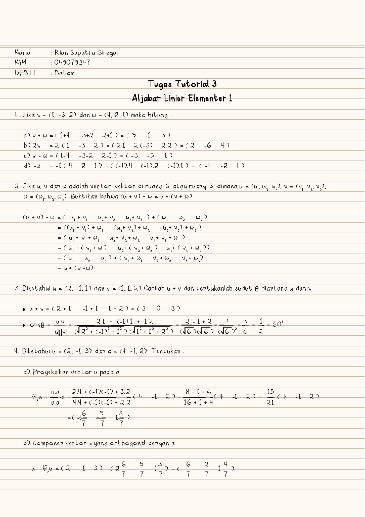 Tugas 3 Aljabar Linear Elementer MATA4112 - 1. Jika V = (1, -3, 2) Dan ...