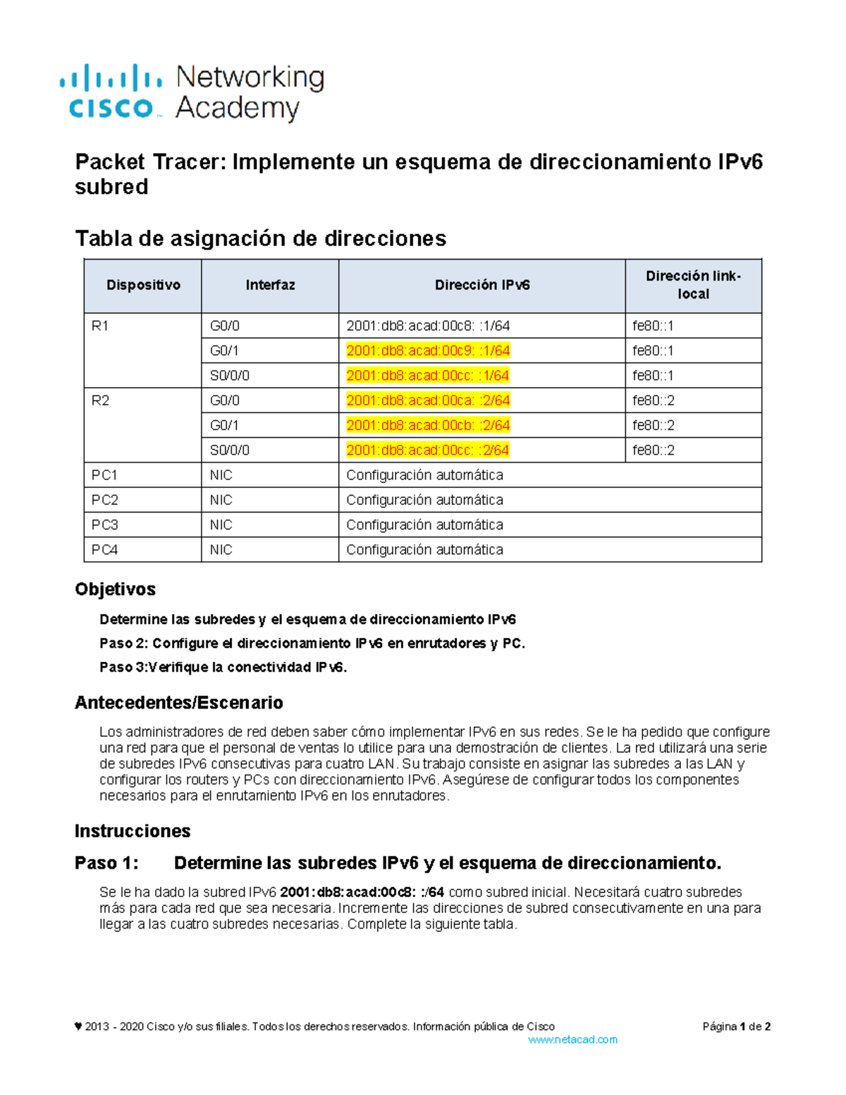 Implemente un esquema de direccionamiento IPv6 subred - Packet Tracer ...