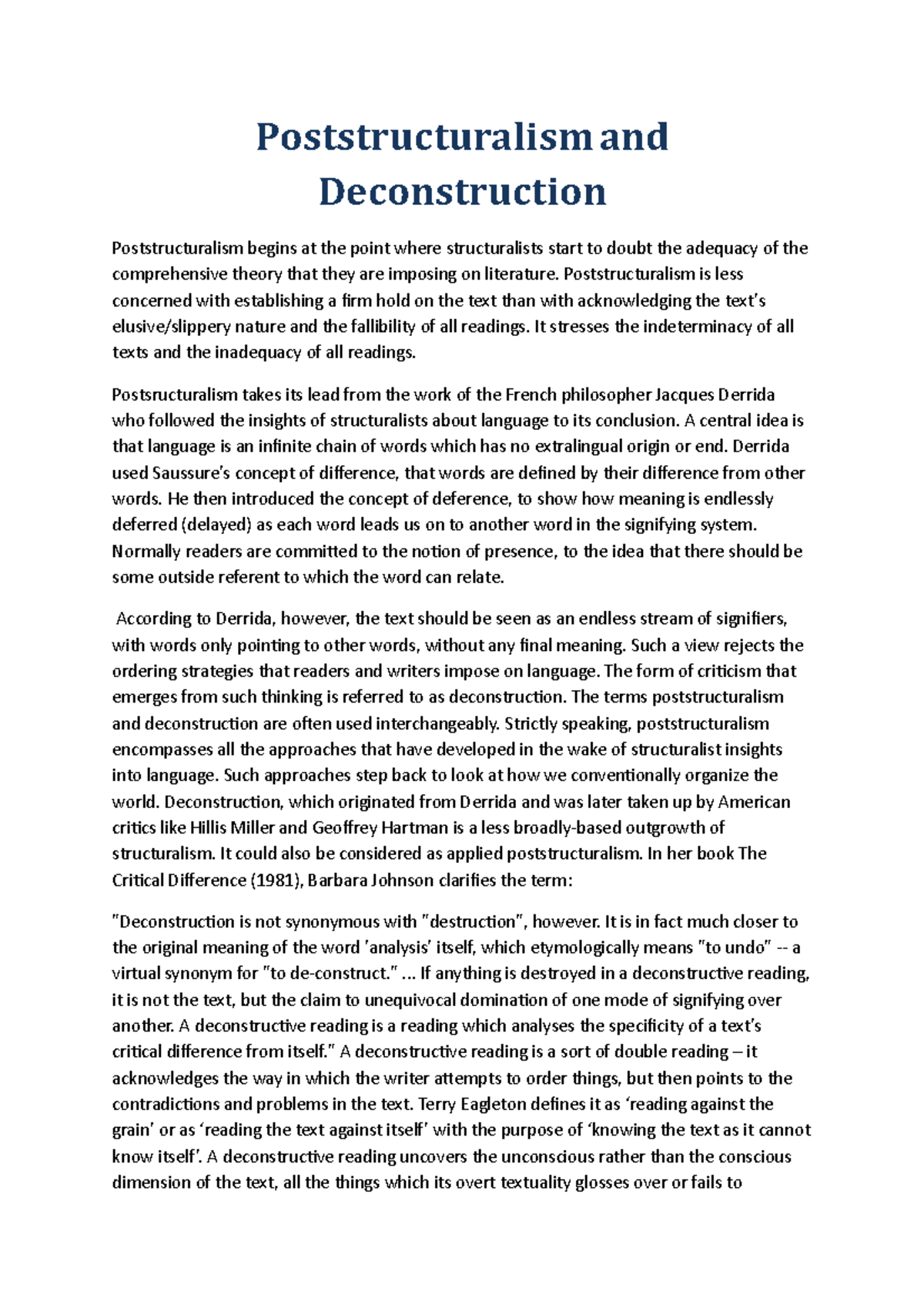 Poststructuralism and Deconstruction Poststructuralism and