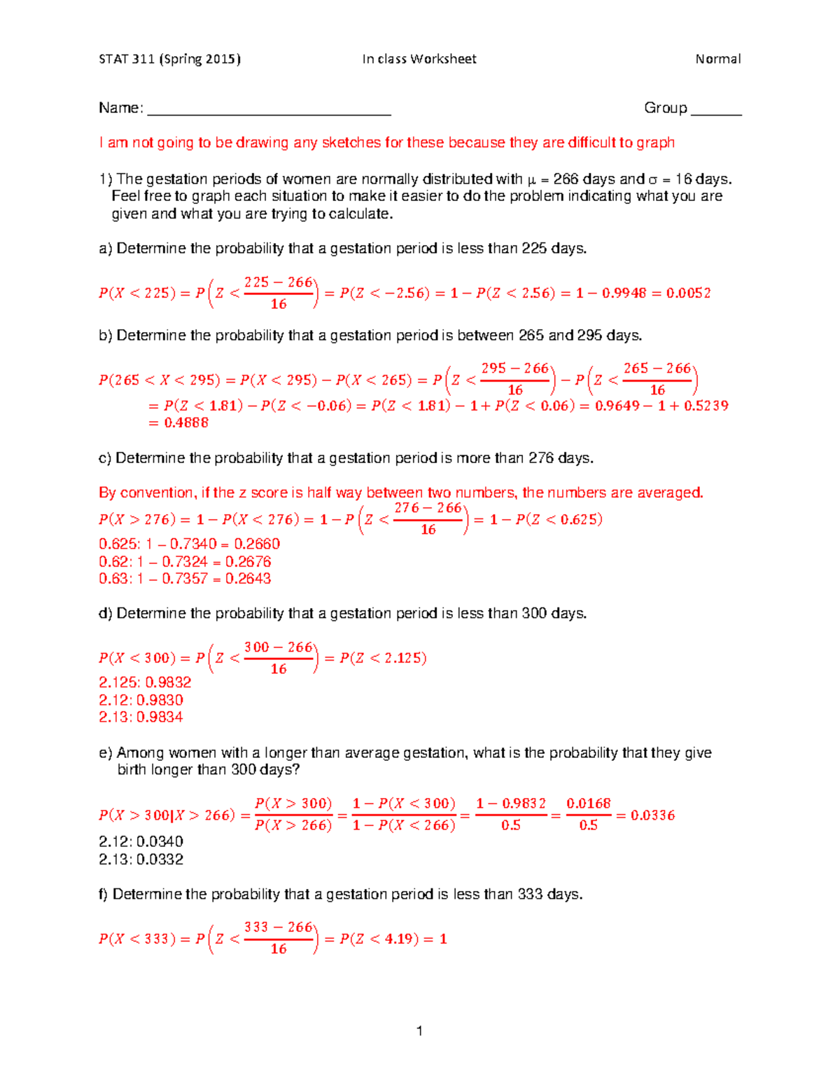 Worksheet Normal - notes - STAT 311 (Spring 2015) In class Worksheet ...