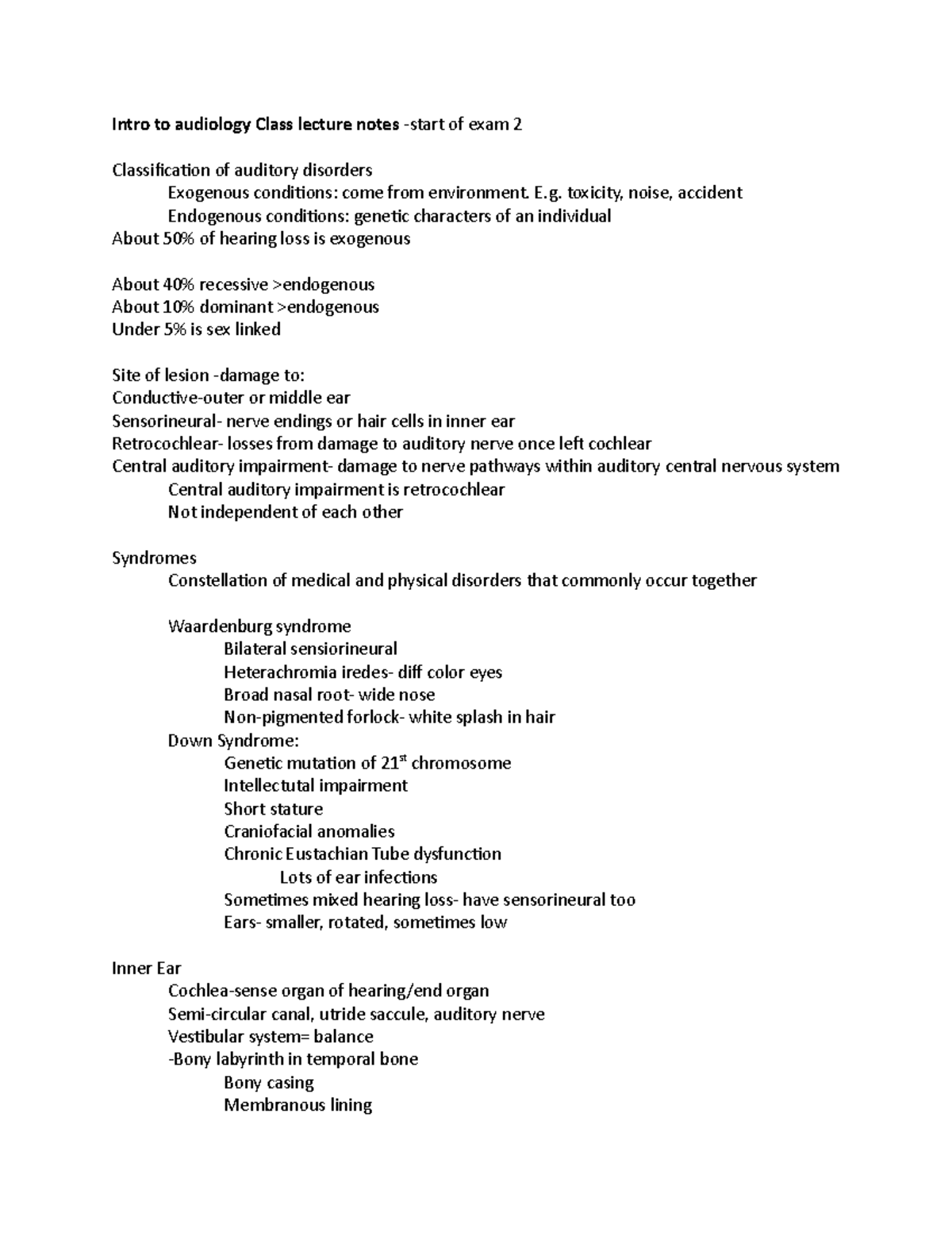 Intro to audiology Class lecture notes for exam 2 - Intro to audiology ...