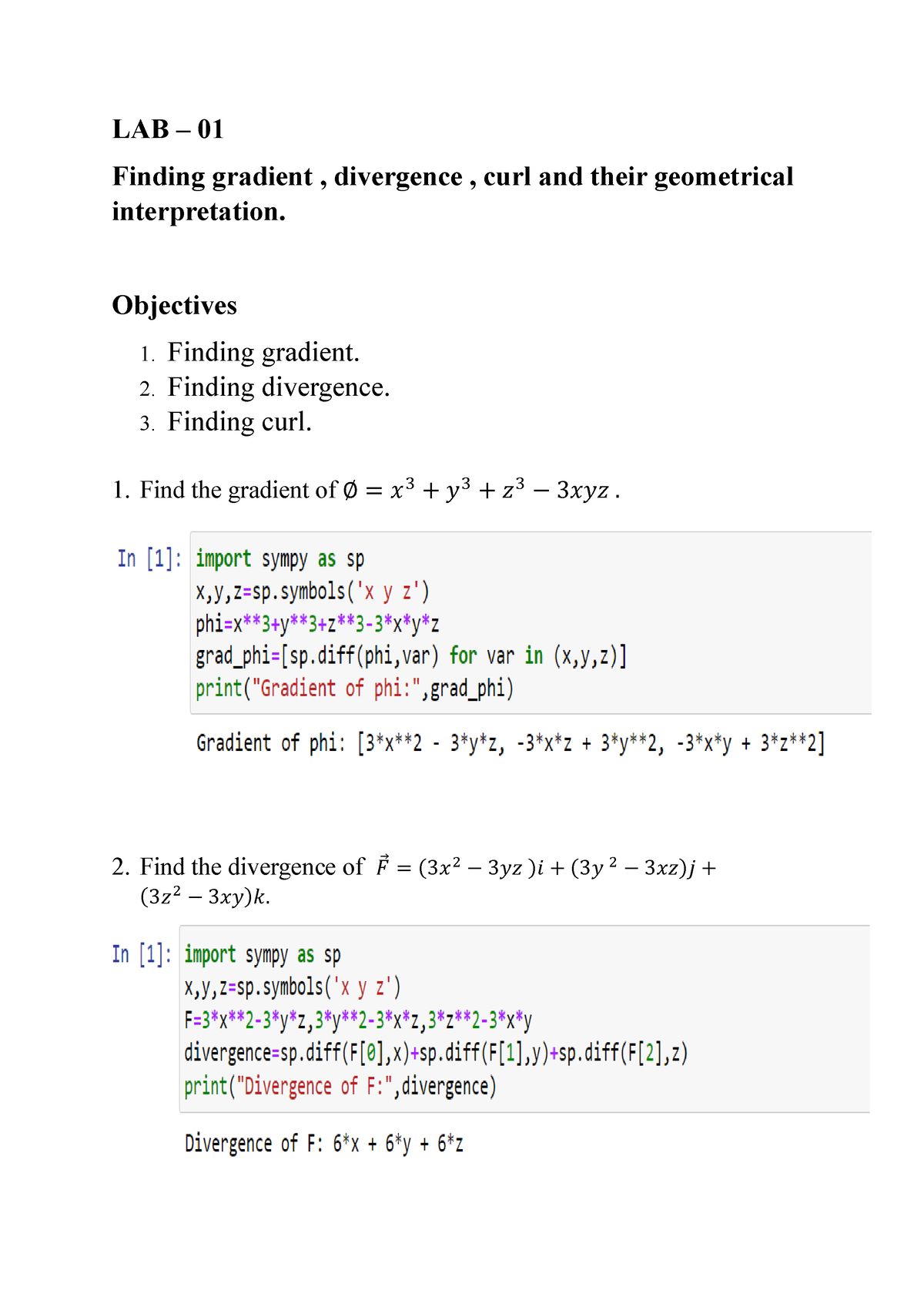 LAB 1 - Math Lab - LAB – 01 Finding Gradient , Divergence , Curl And ...