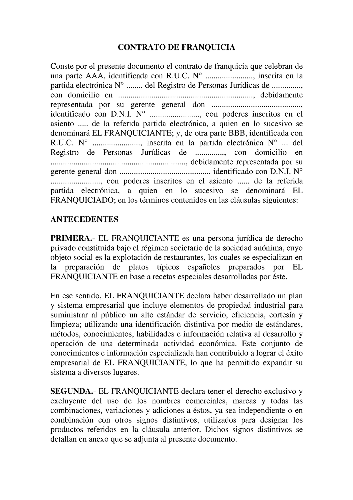 Modelo Contrato De Franquicia Contrato De Franquicia Conste Por El