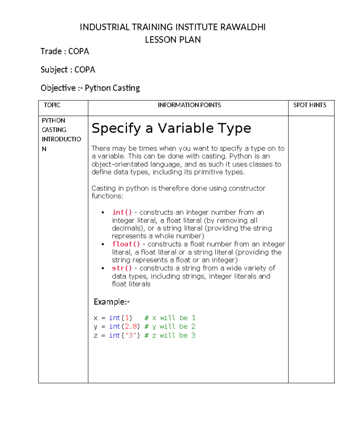 Python Casting - INDUSTRIAL TRAINING INSTITUTE RAWALDHI LESSON PLAN ...