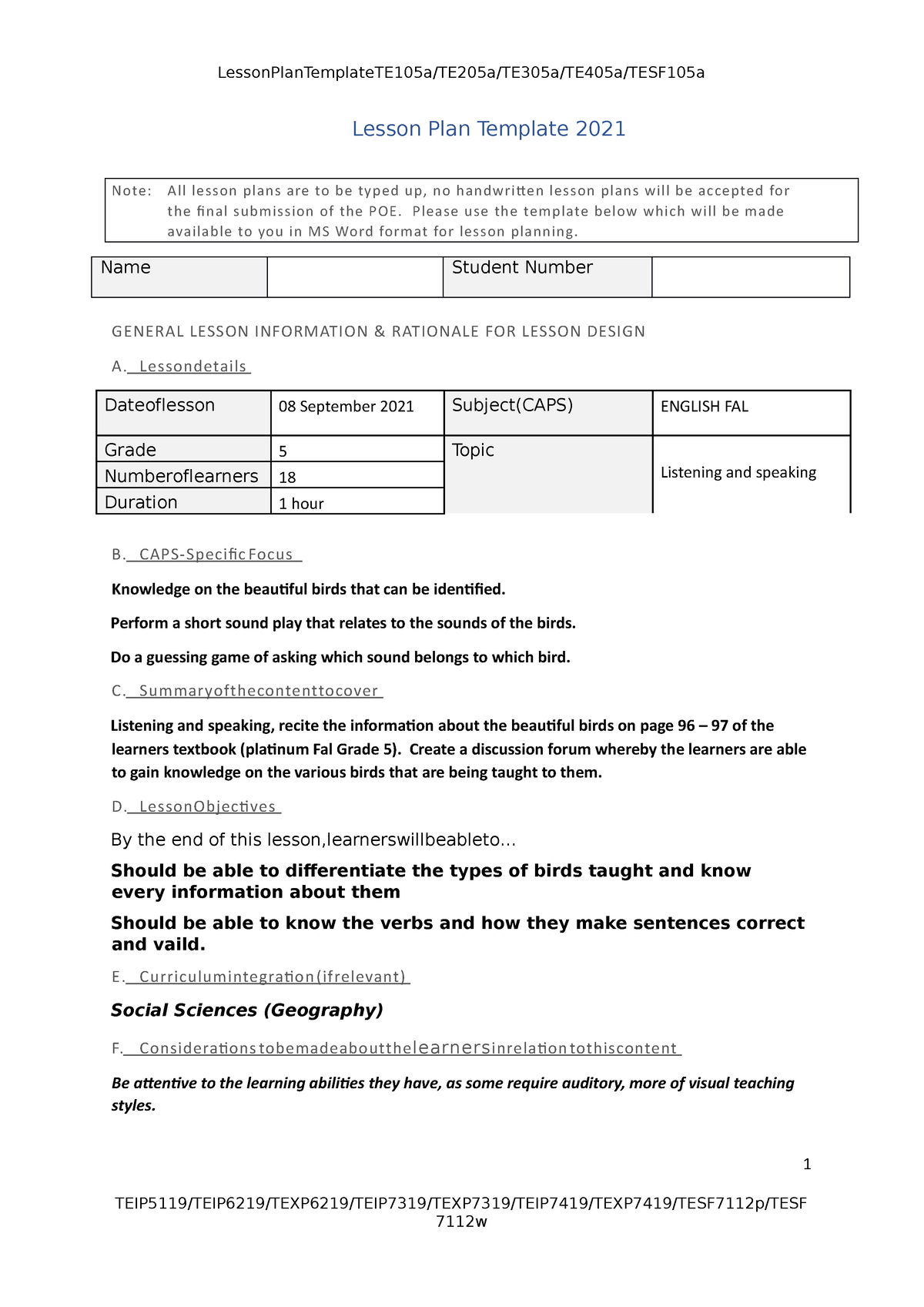 English FAL lesson plan Lesson Plan Template 2021 Note: All lesson