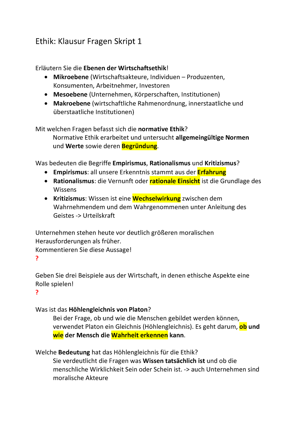 Ethik Klausur Skript 1 Hm Ethik Klausur Fragen Skript Erl Utern Sie Die Ebenen Der Wirtschaftsethik Mikroebene Wirtschaftsakteure Individuen Produzenten Studocu