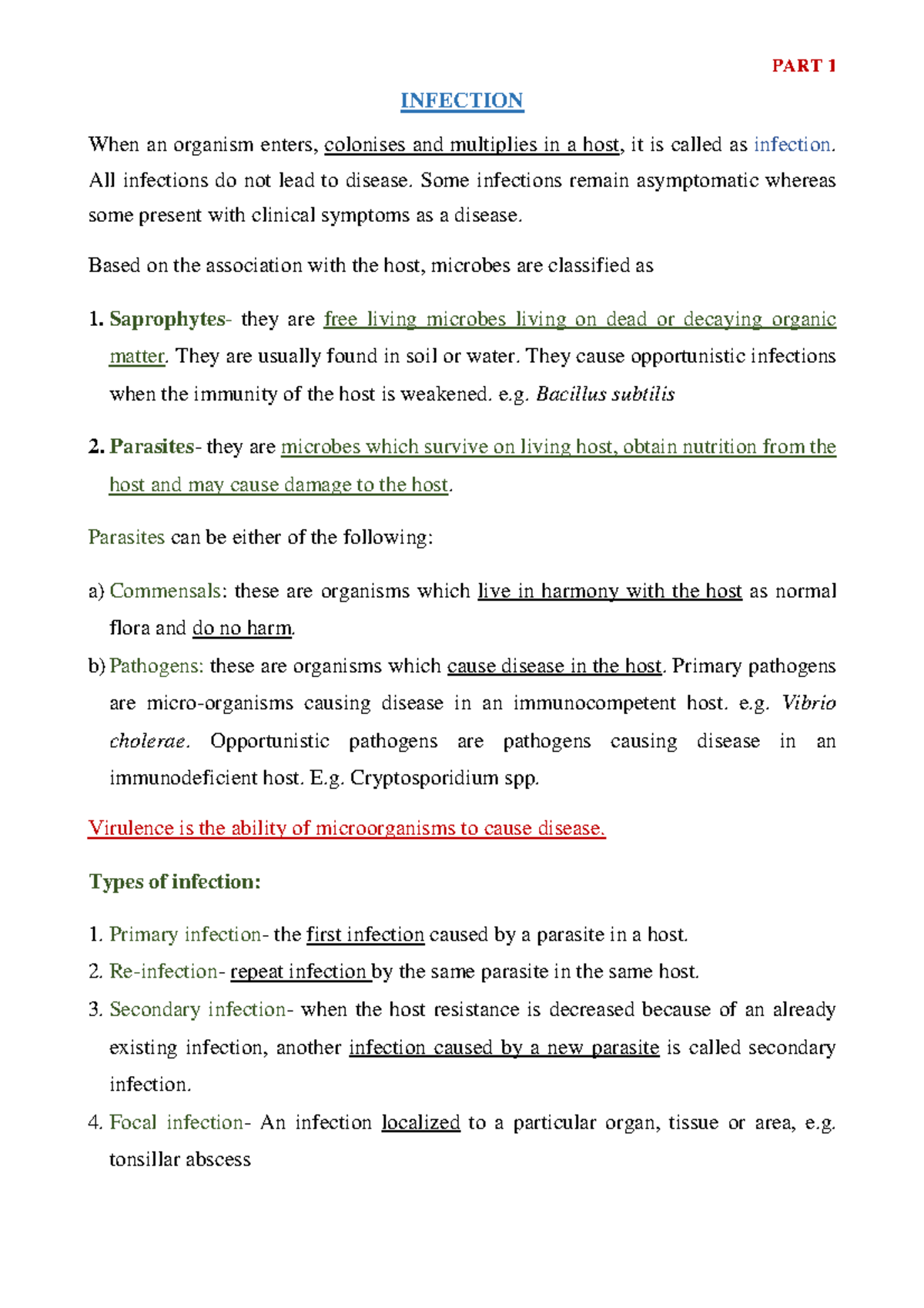 Infection - Notes - INFECTION When an organism enters, colonises and ...