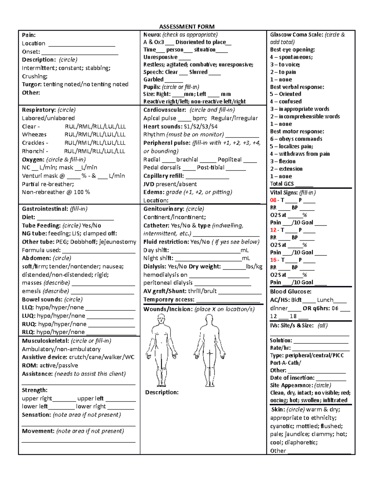 Assessment Form - ASSESSMENT FORM Pain: Location ...