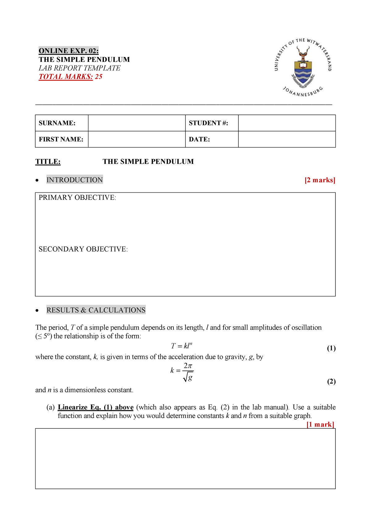 Online Exp Simple Pendulum Lab Report Template Online Exp The Simple Pendulum Lab