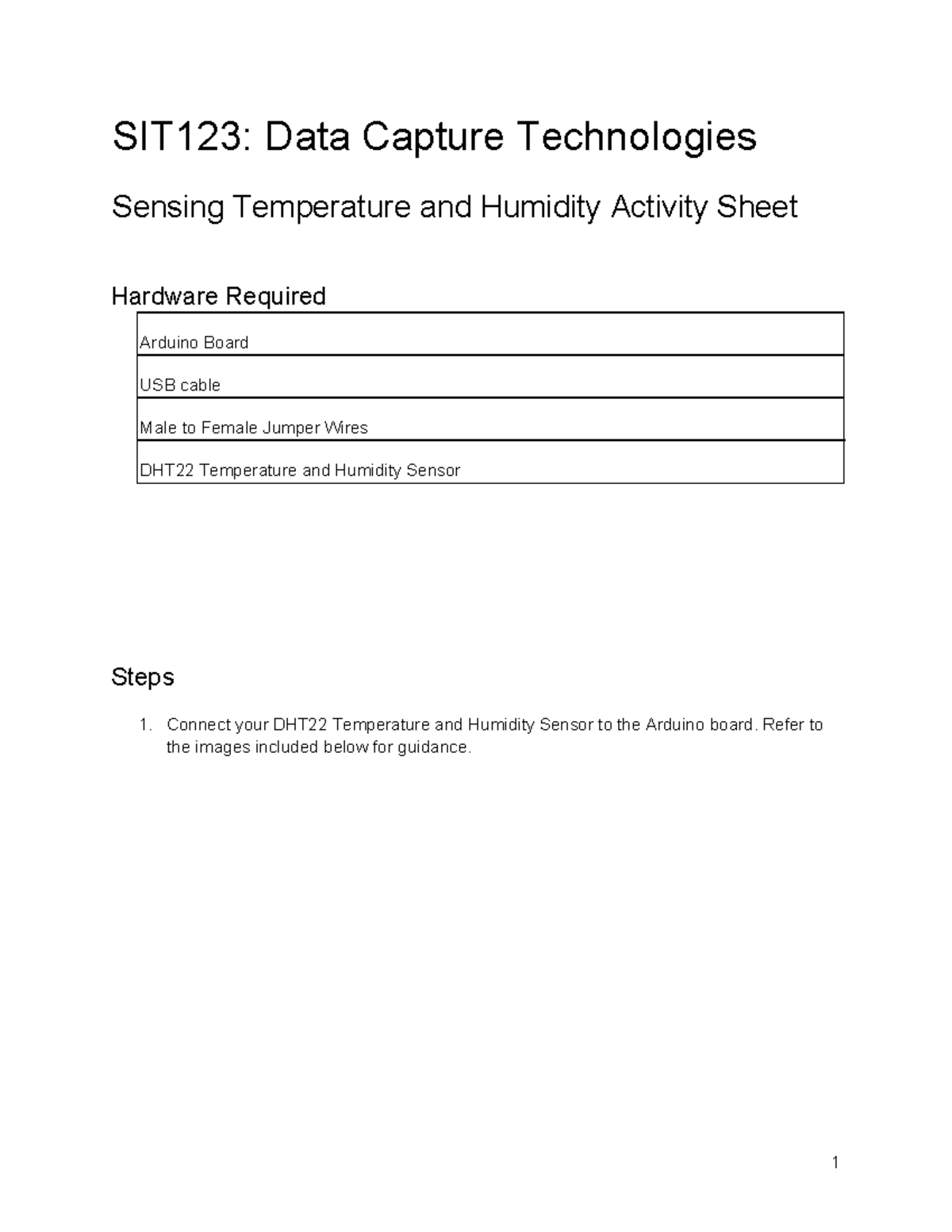 Sensing Temperature And Humidity Activity Sheet - Sit123: Data Capture 