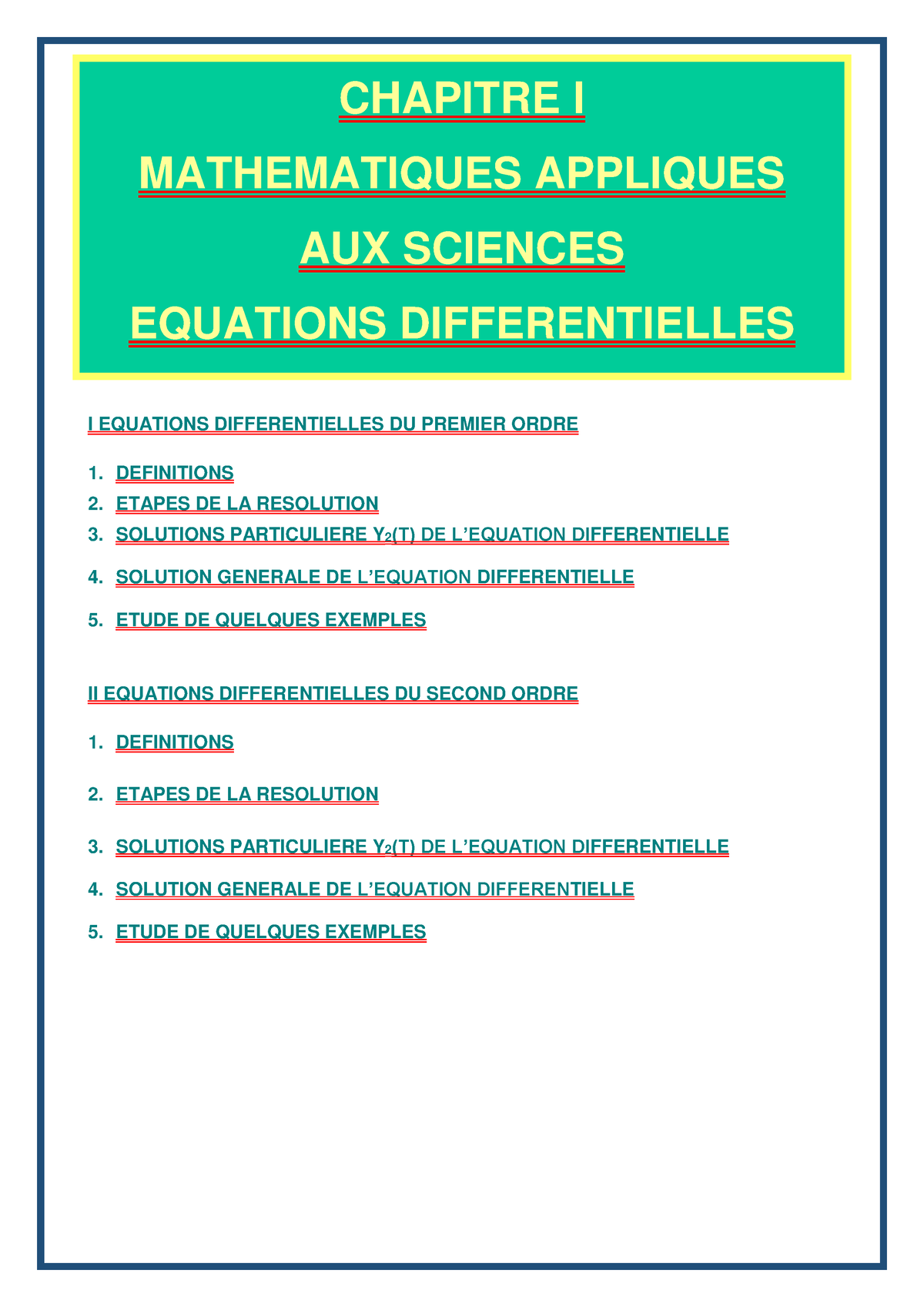 Chapitre I Equations Différentielles 2022 DUT2 - CHAPITRE I ...