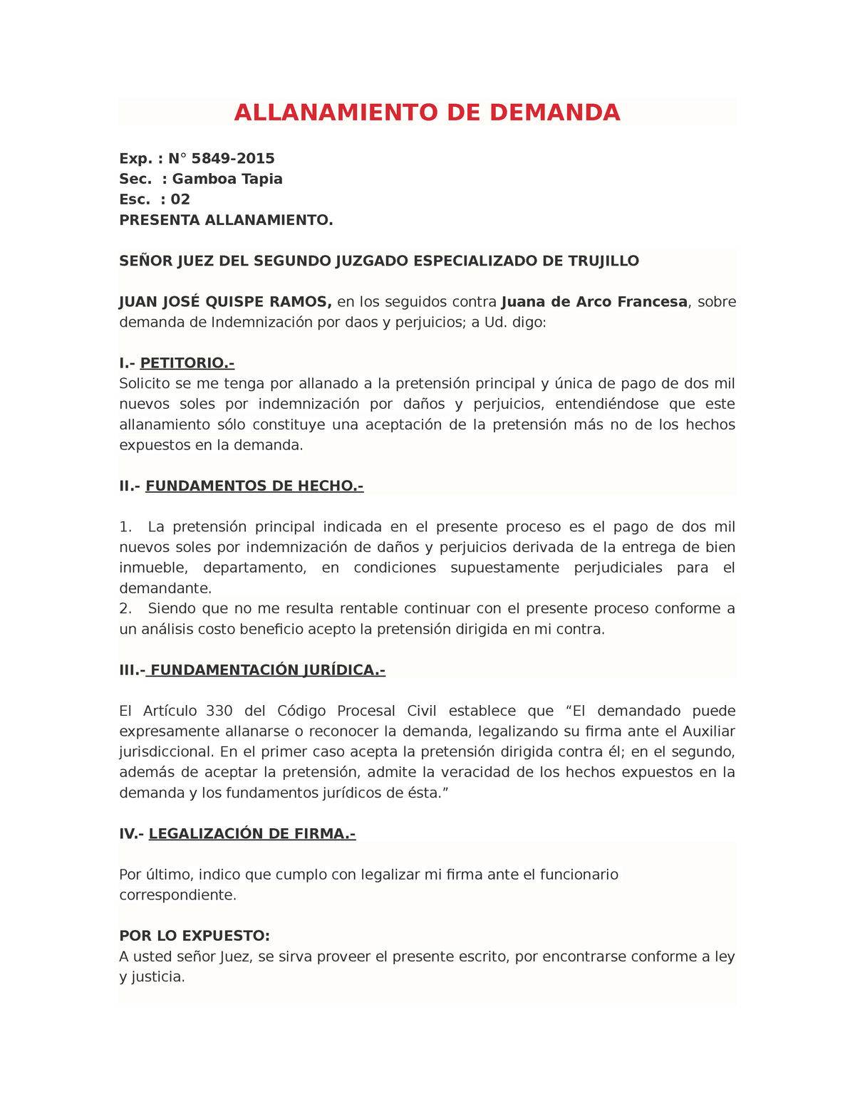 Modelo De Escrito Solicitando Allanamiento A La Deman 2458