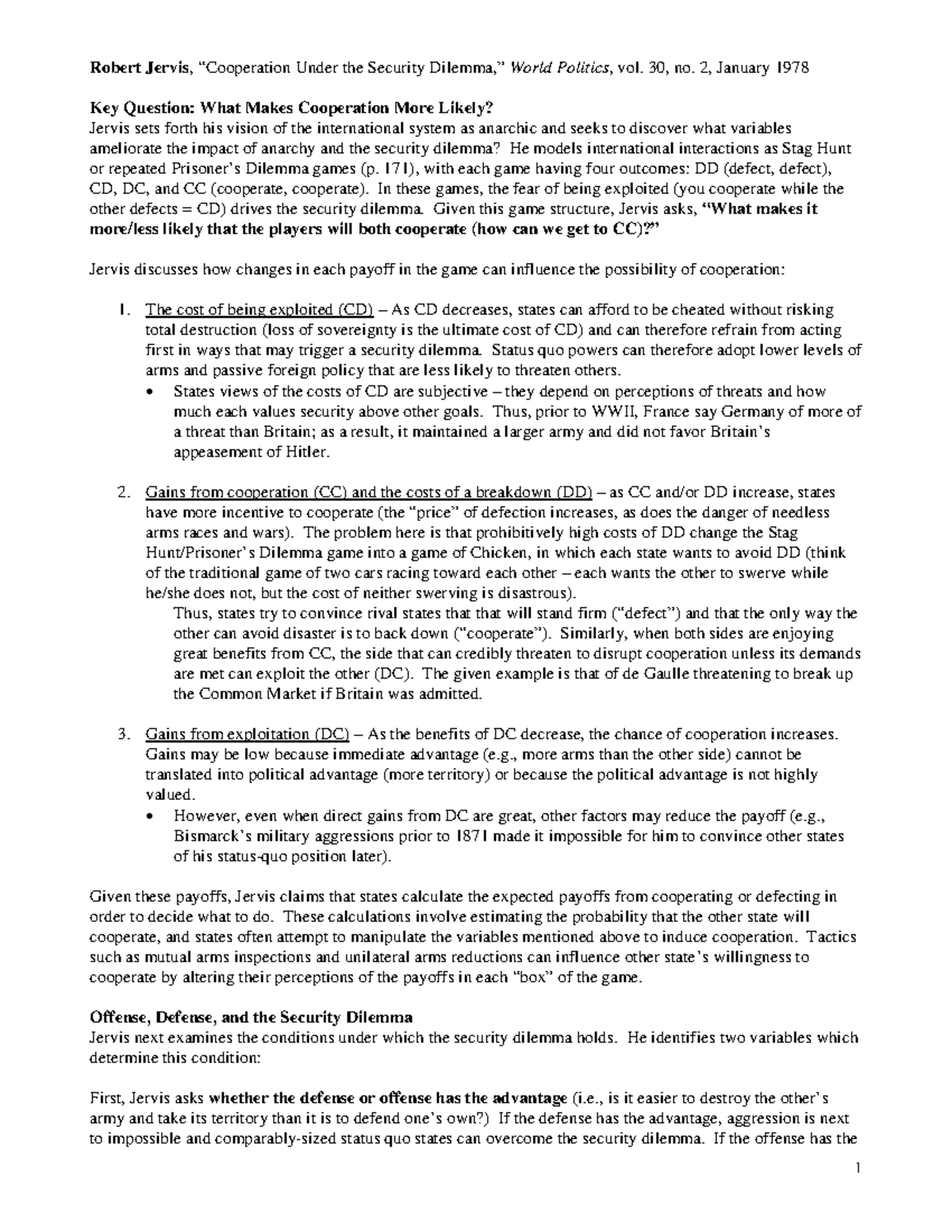 Jervis Cooperation - 1 Robert Jervis, “Cooperation Under the Security ...