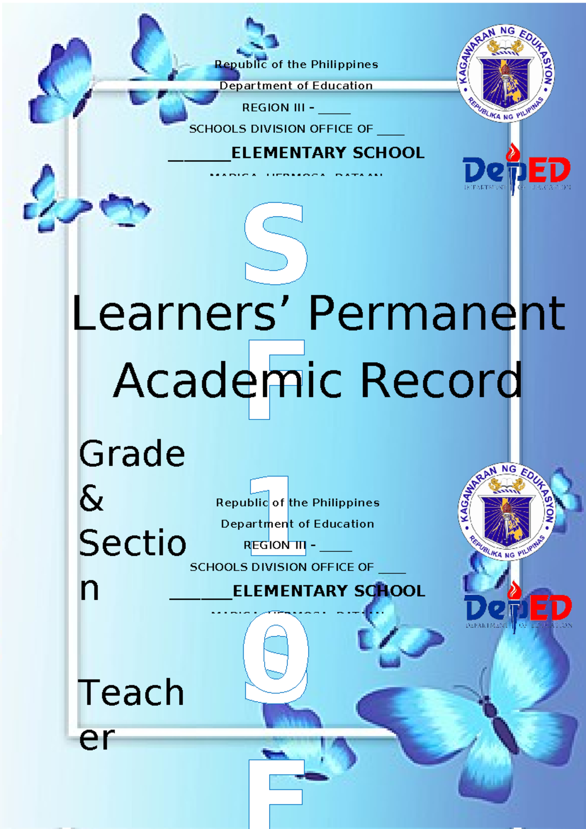 Complete Cover Page SF Blue - S S F 1 0 Learners’ Permanent Academic ...