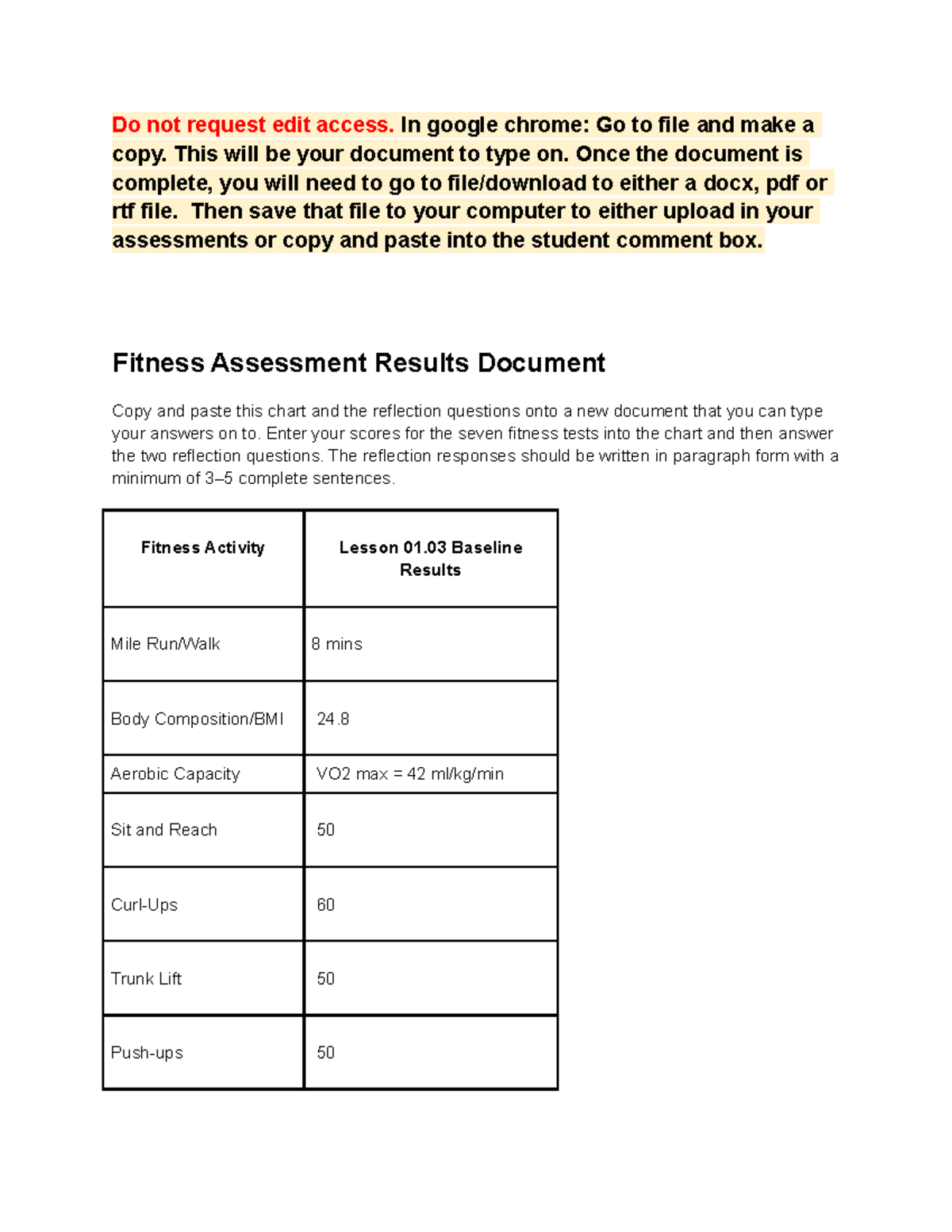 Fitness Assessment Results Document - Studocu