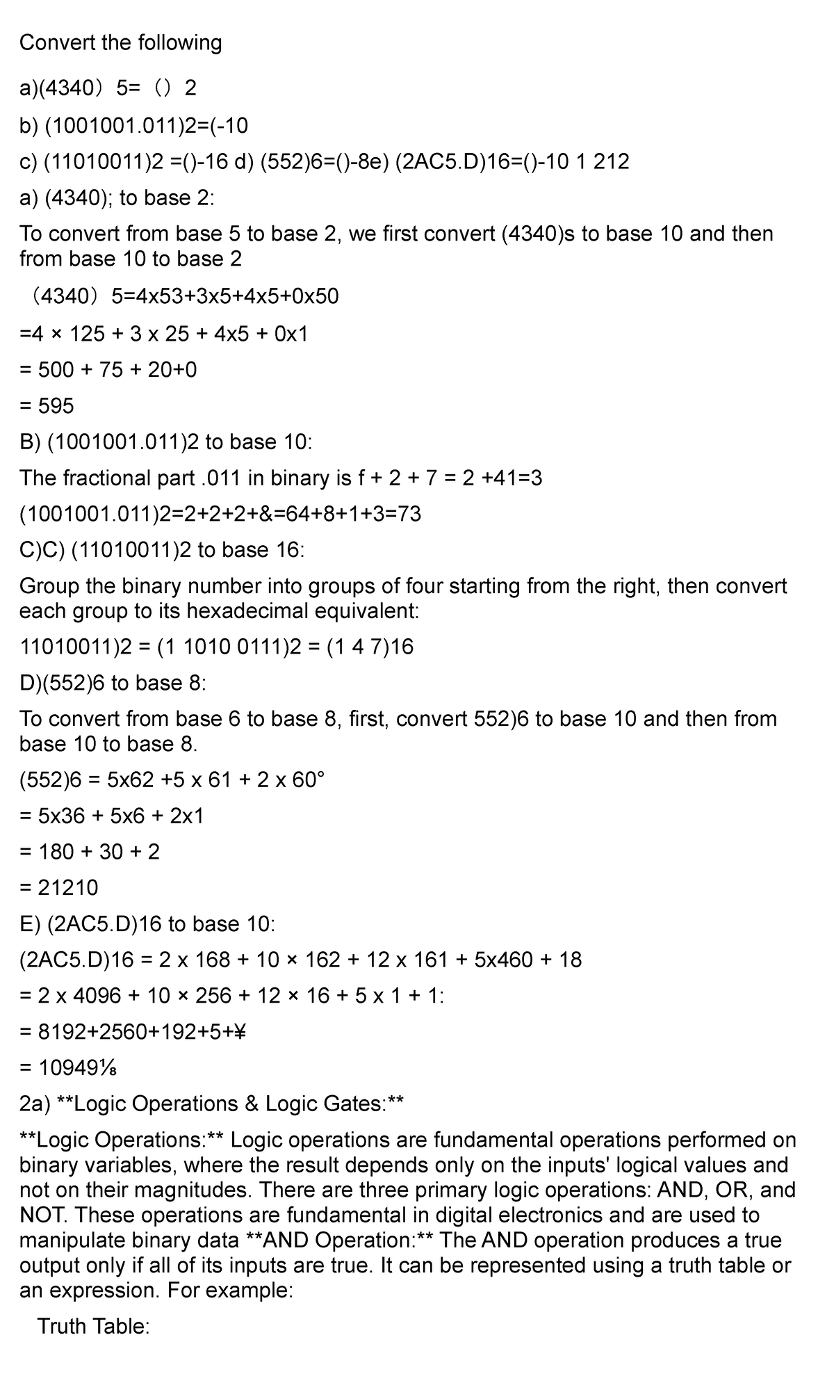 UNIT 1 - Convert the following a)(4340）5=（） 2 b) (1001001)2=(- 10 c ...