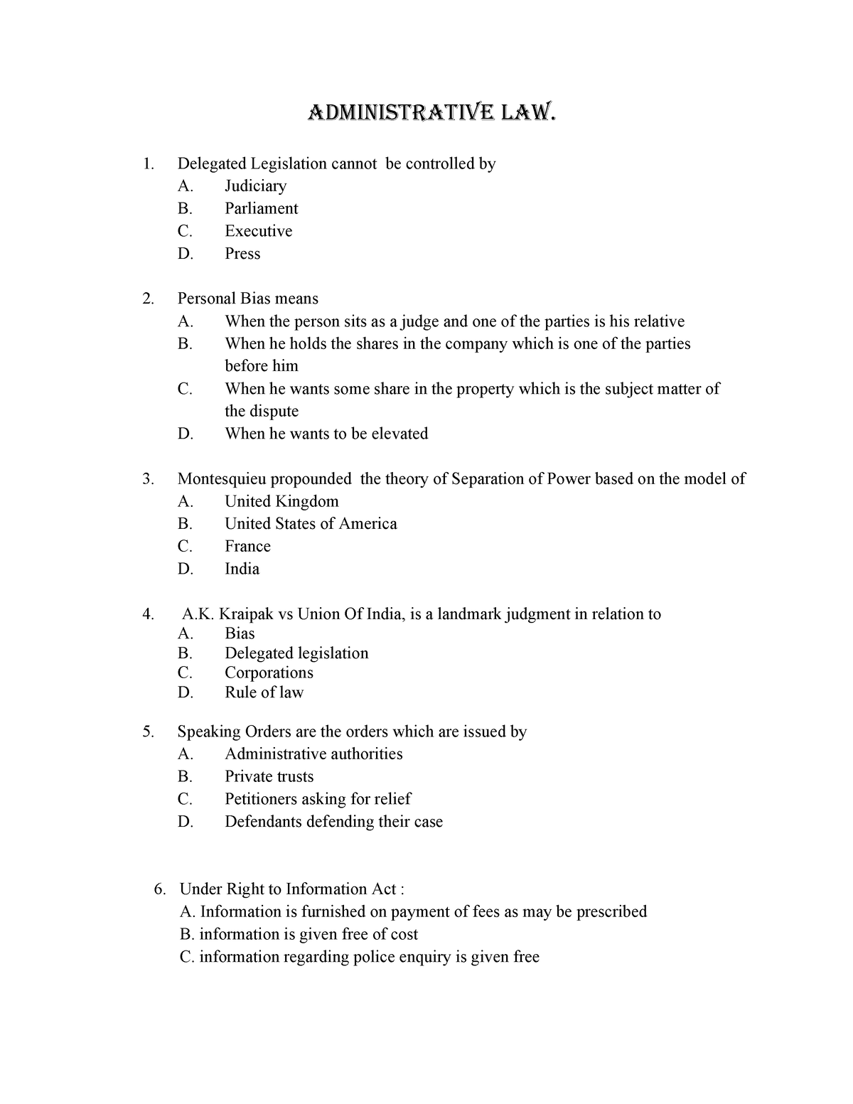 Sample MCQs FOR Semester III (LL.B) AND SEM-VII (B - ADMINISTRATIVE LAW ...