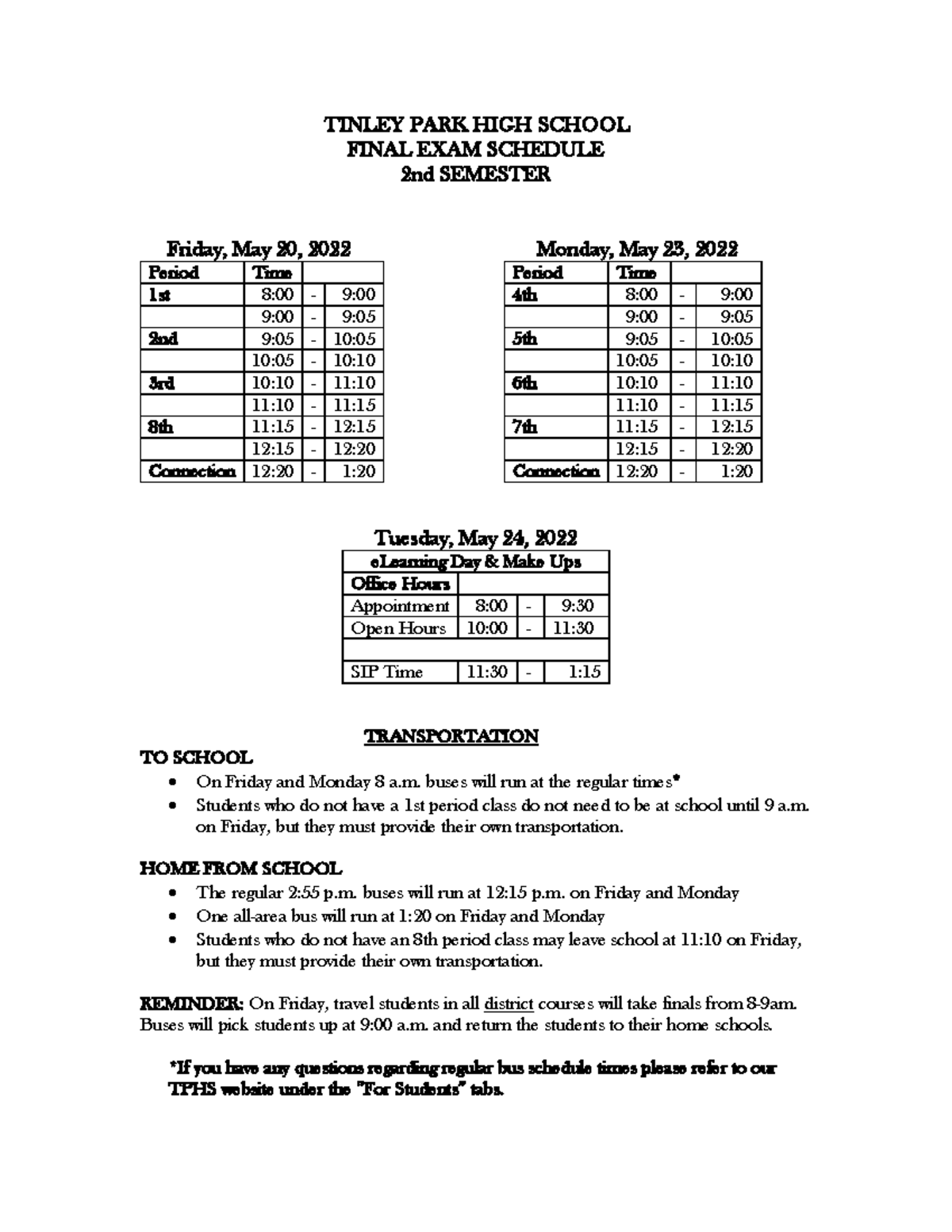 202122 S2 Final Days of School and Exam Schedule TINLEY PARK HIGH