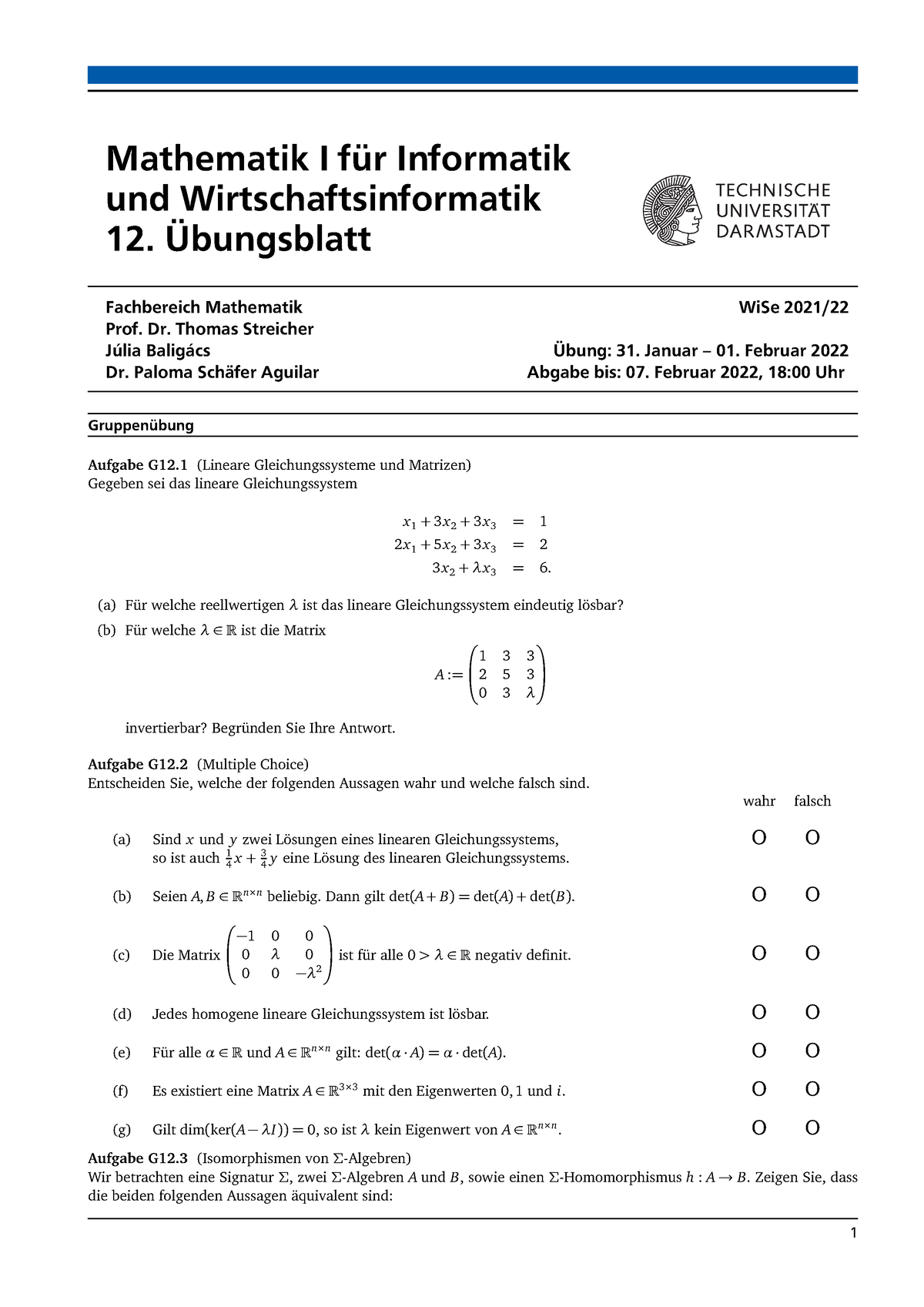 Übung 12 Mathematik 1 Informatik Tu Darmstadt Ws 21/22 - Mathematik I ...