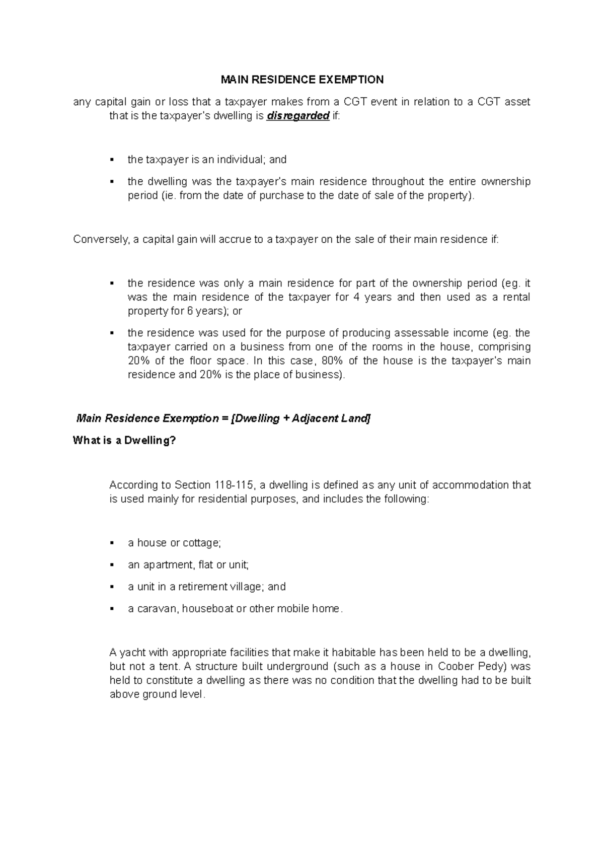 MAIN Residence Exemption MAIN RESIDENCE EXEMPTION any capital gain or