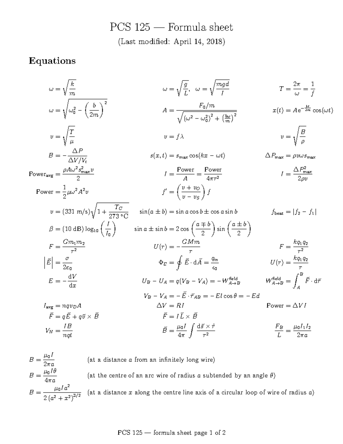 PCS125 formula sheet Midterm - PCS 125 — Formula sheet (Last modified ...