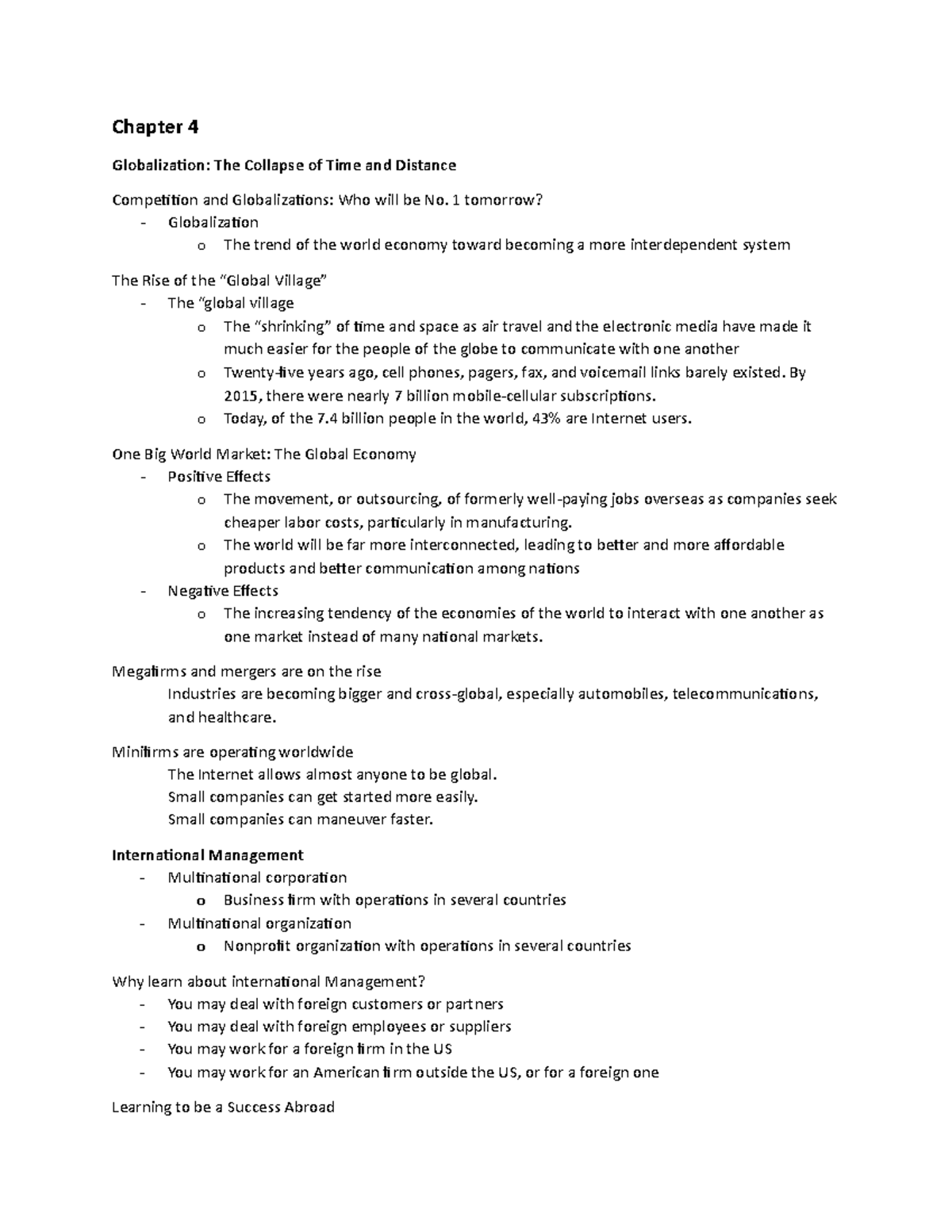 MGMT Chapter 4 & 5 notes - Chapter 4 Globalization: The Collapse of ...