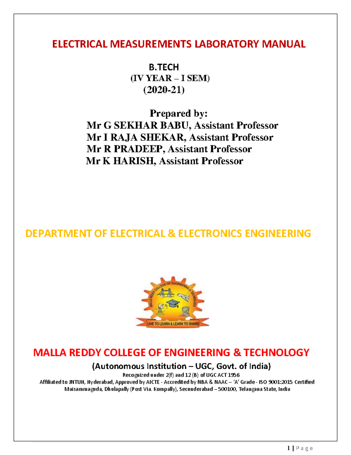 Electrical Measurements - ELECTRICAL MEASUREMENTS LABORATORY MANUAL B ...