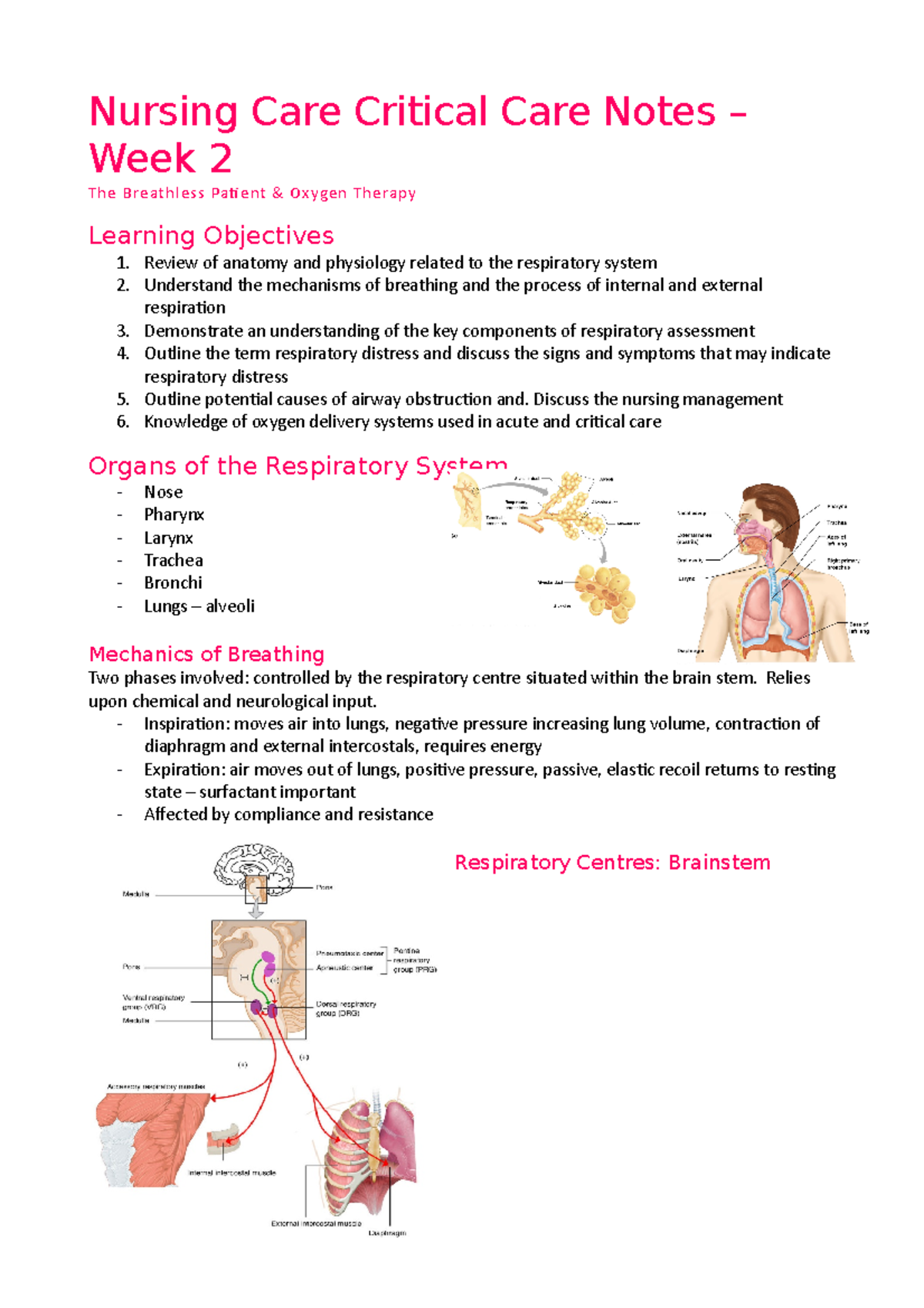 Nursing Care Critical Care Notes – Week 2 - Discuss the nursing ...