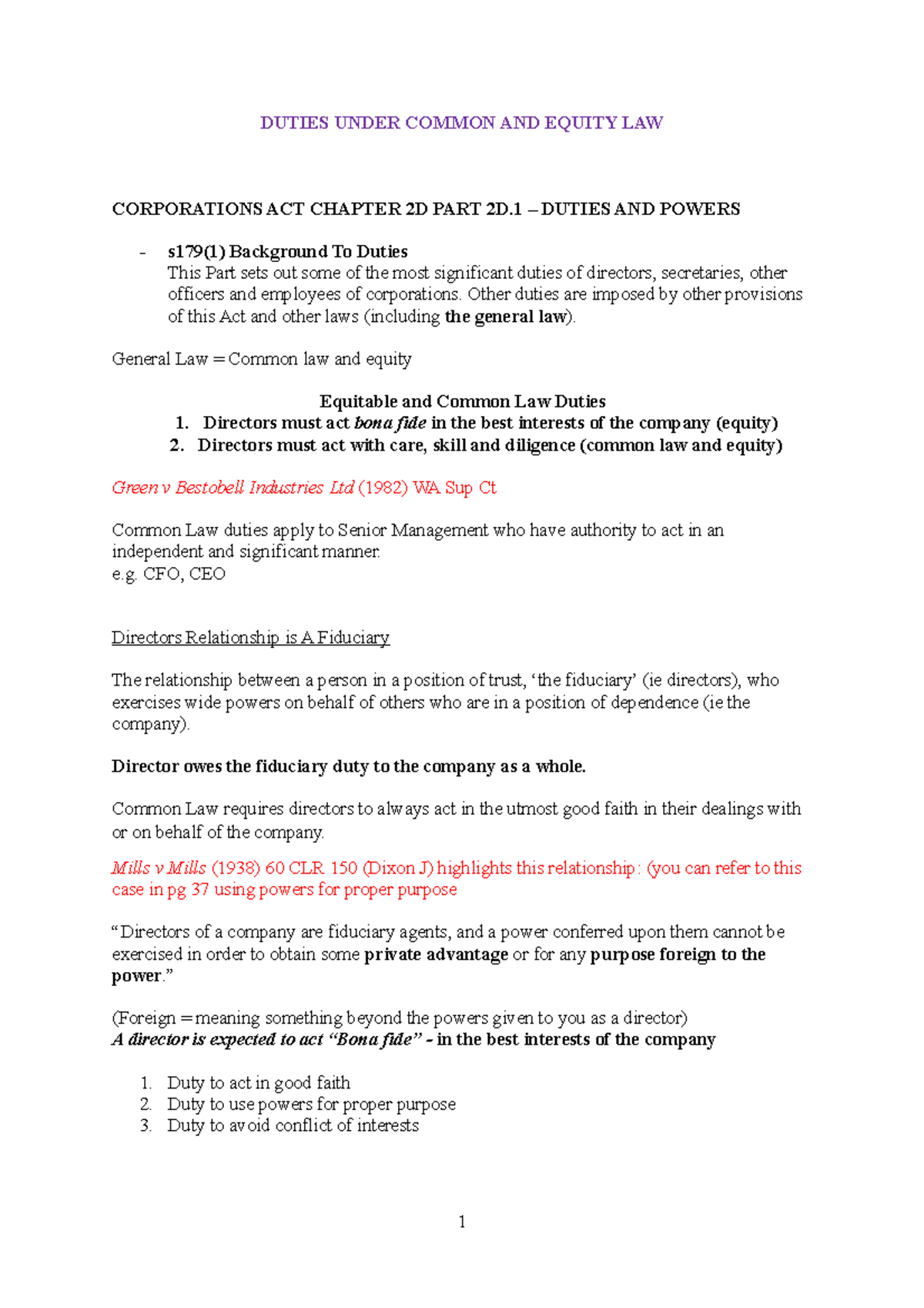 Duties notes equit and common law DUTIES UNDER COMMON AND EQUITY LAW
