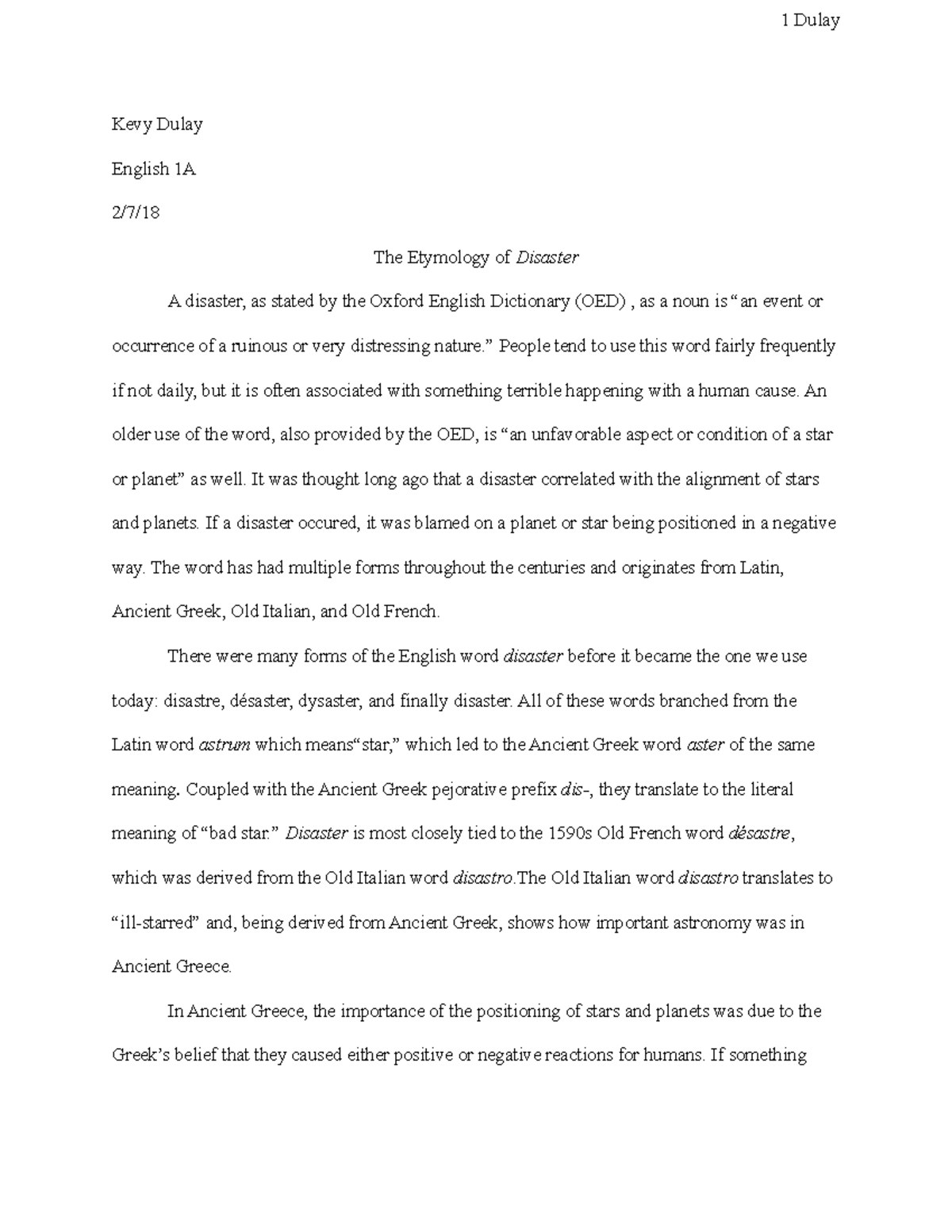 The Etymology of Disaster - 1 Dulay Kevy Dulay English 1A 2/7/ The ...