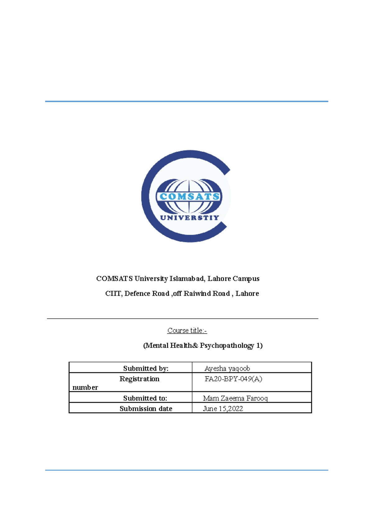A4 PP - COMSATS University Islamabad, Lahore Campus CIIT, Defence Road ...