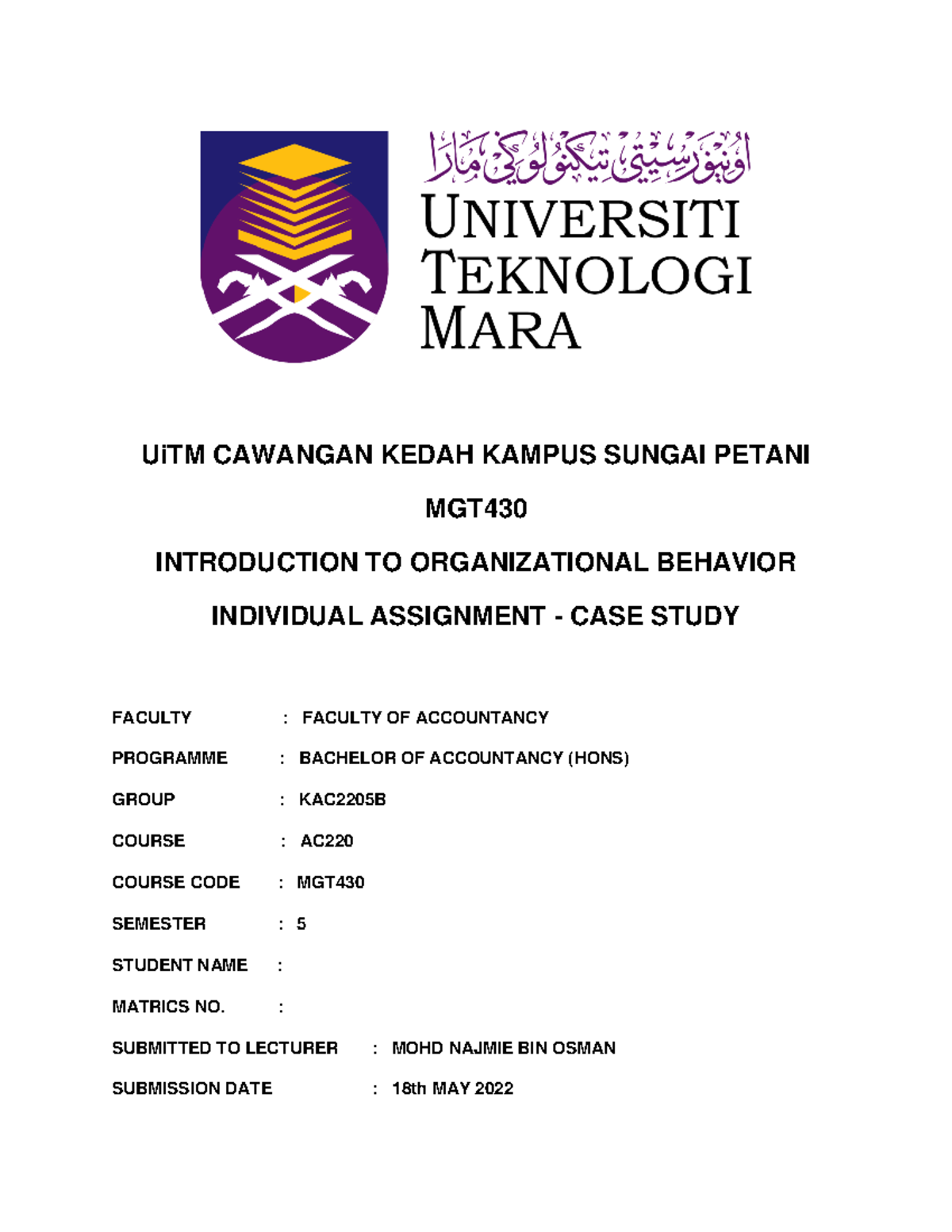IND Assignment - MGT430 - UiTM CAWANGAN KEDAH KAMPUS SUNGAI PETANI MGT ...